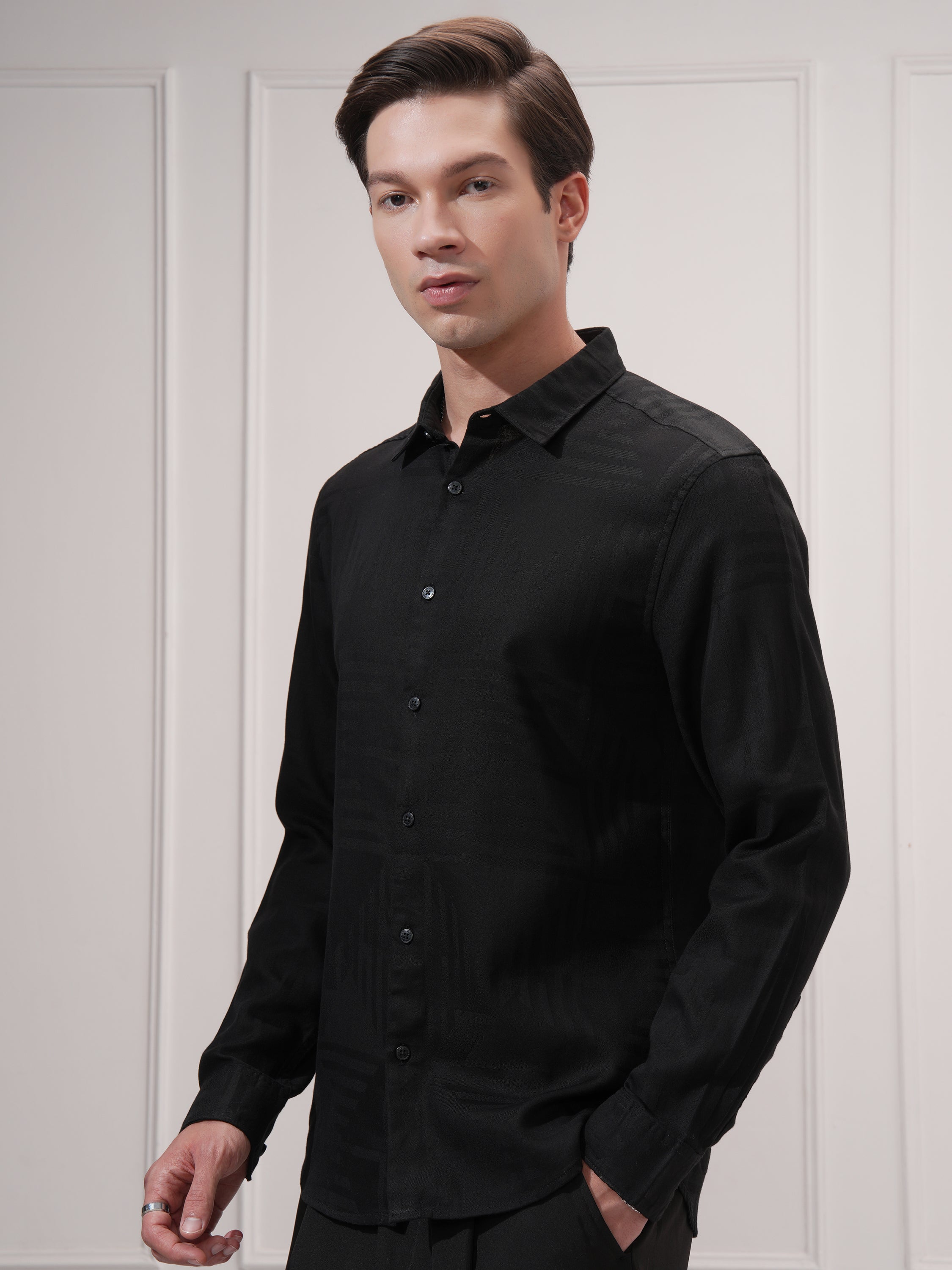 Highlander Men Black Self Design Slim Fit Casual Shirt - Black - Image 4