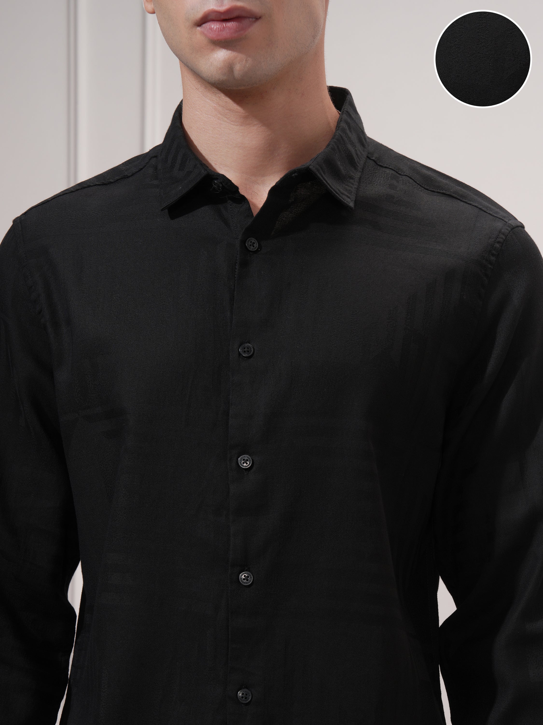 Highlander Men Black Self Design Slim Fit Casual Shirt - Black - Image 5
