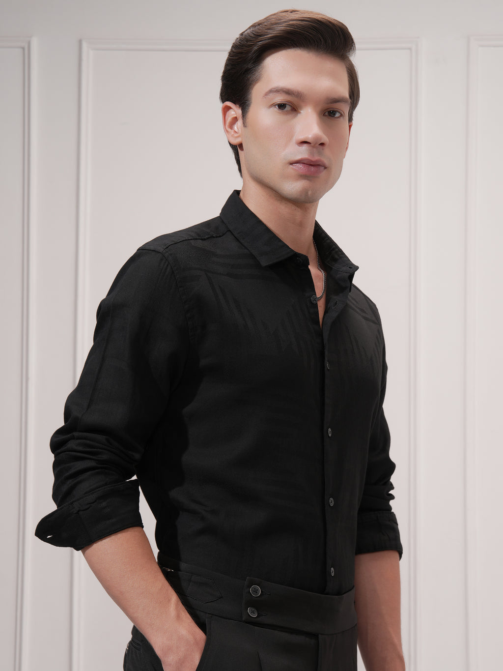 Highlander Men Black Self Design Slim Fit Casual Shirt - Black - Image 6