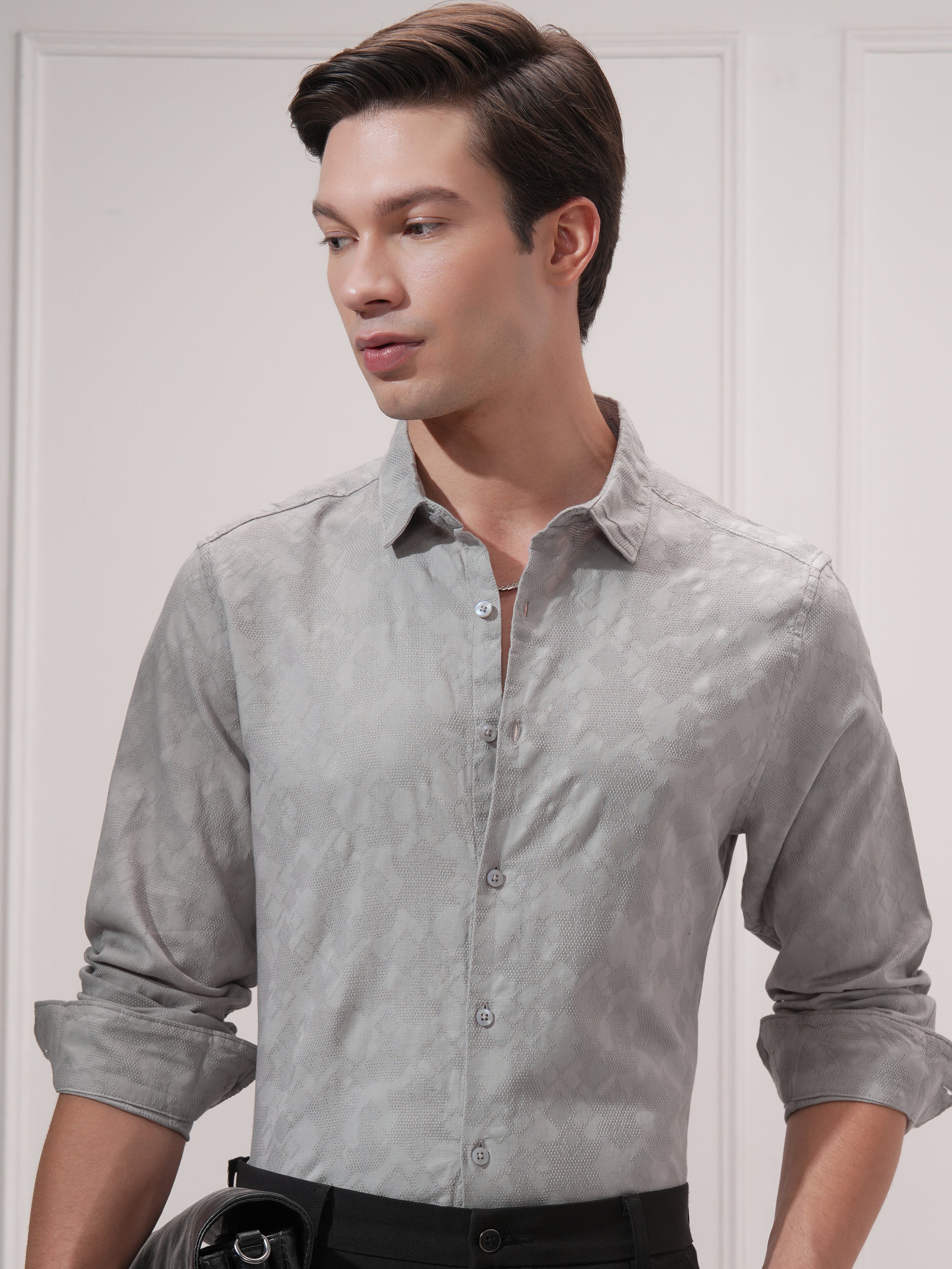 Highlander Men Grey Self Design Slim Fit Casual Shirt - Grey - Image 1