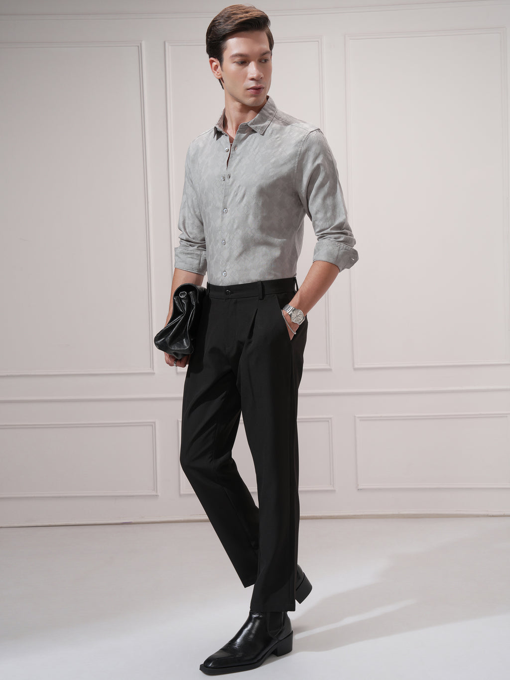Highlander Men Grey Self Design Slim Fit Casual Shirt - Grey - Image 2
