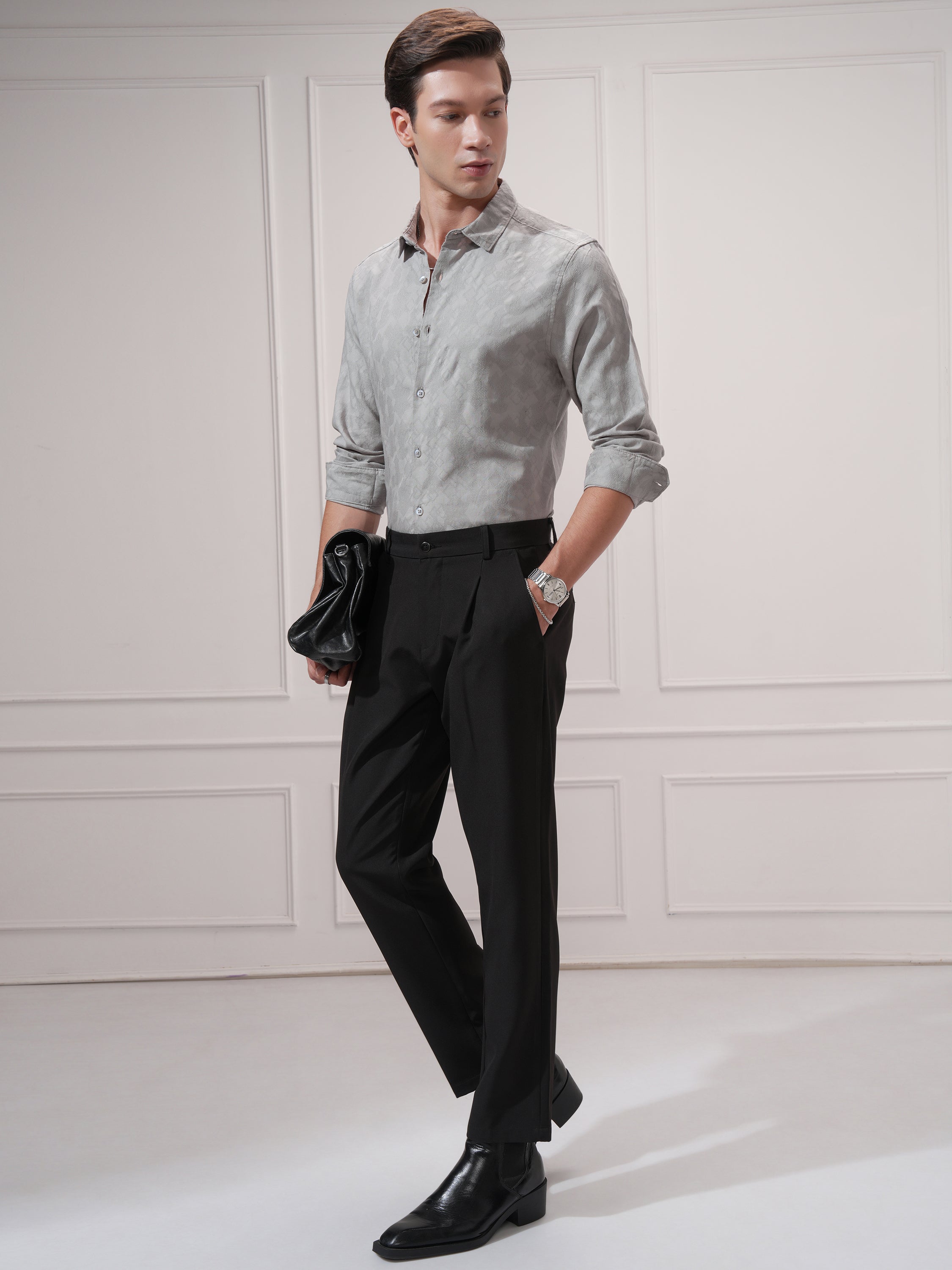 Highlander Men Grey Self Design Slim Fit Casual Shirt - Grey - Image 2