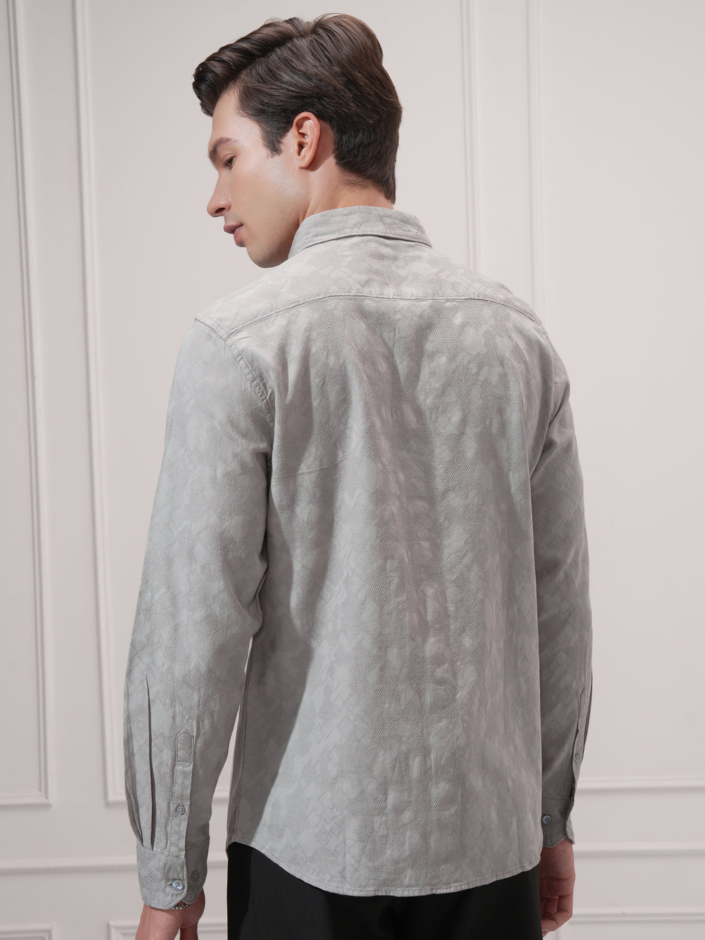 Highlander Men Grey Self Design Slim Fit Casual Shirt - Grey - Image 3