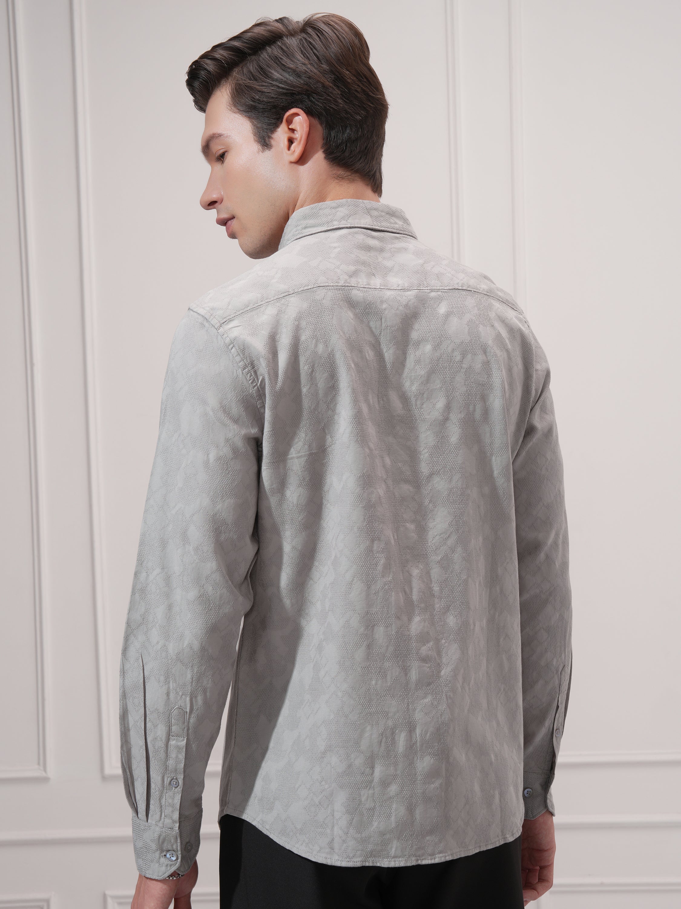 Highlander Men Grey Self Design Slim Fit Casual Shirt - Grey - Image 3
