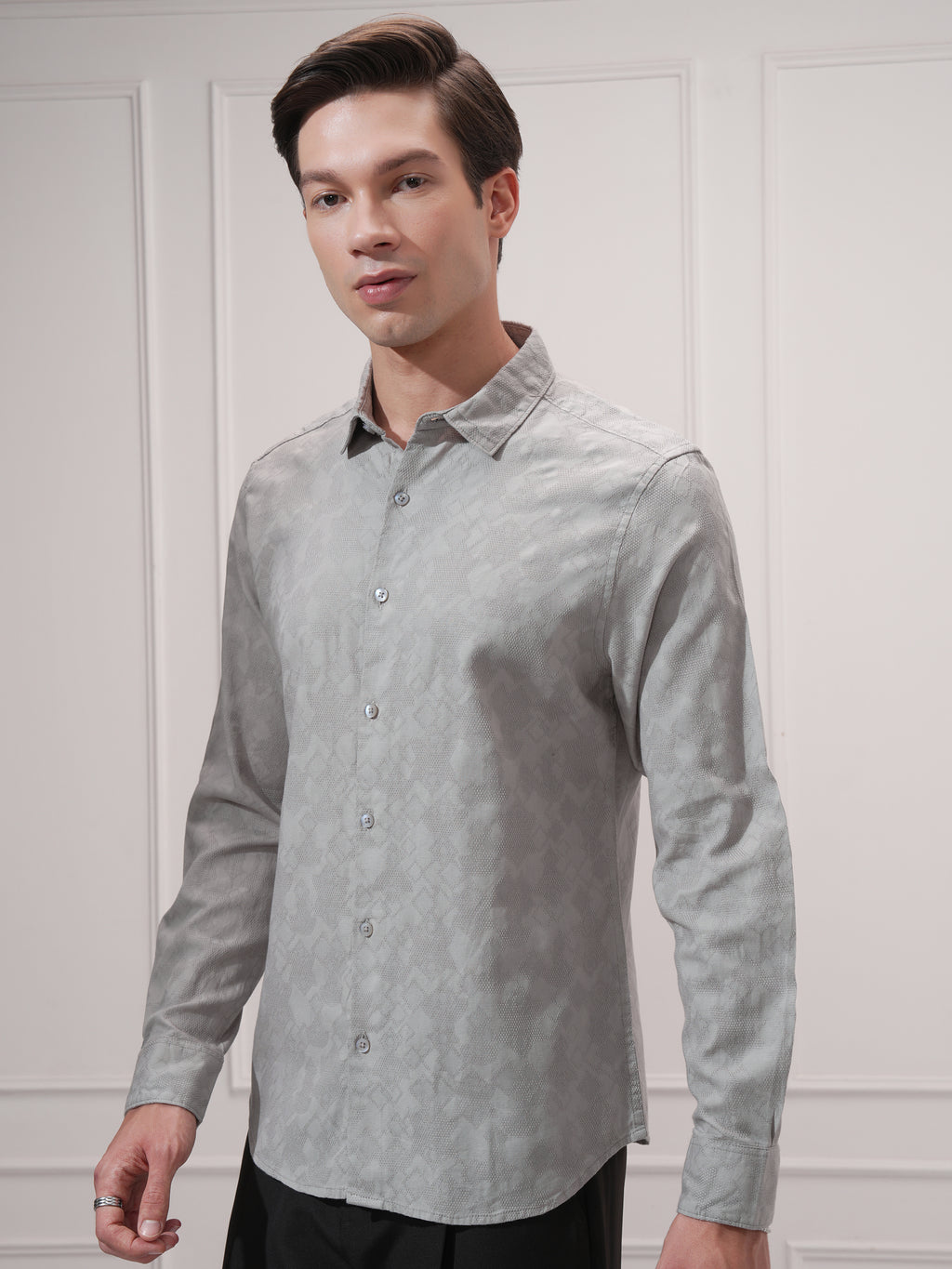 Highlander Men Grey Self Design Slim Fit Casual Shirt - Grey - Image 4