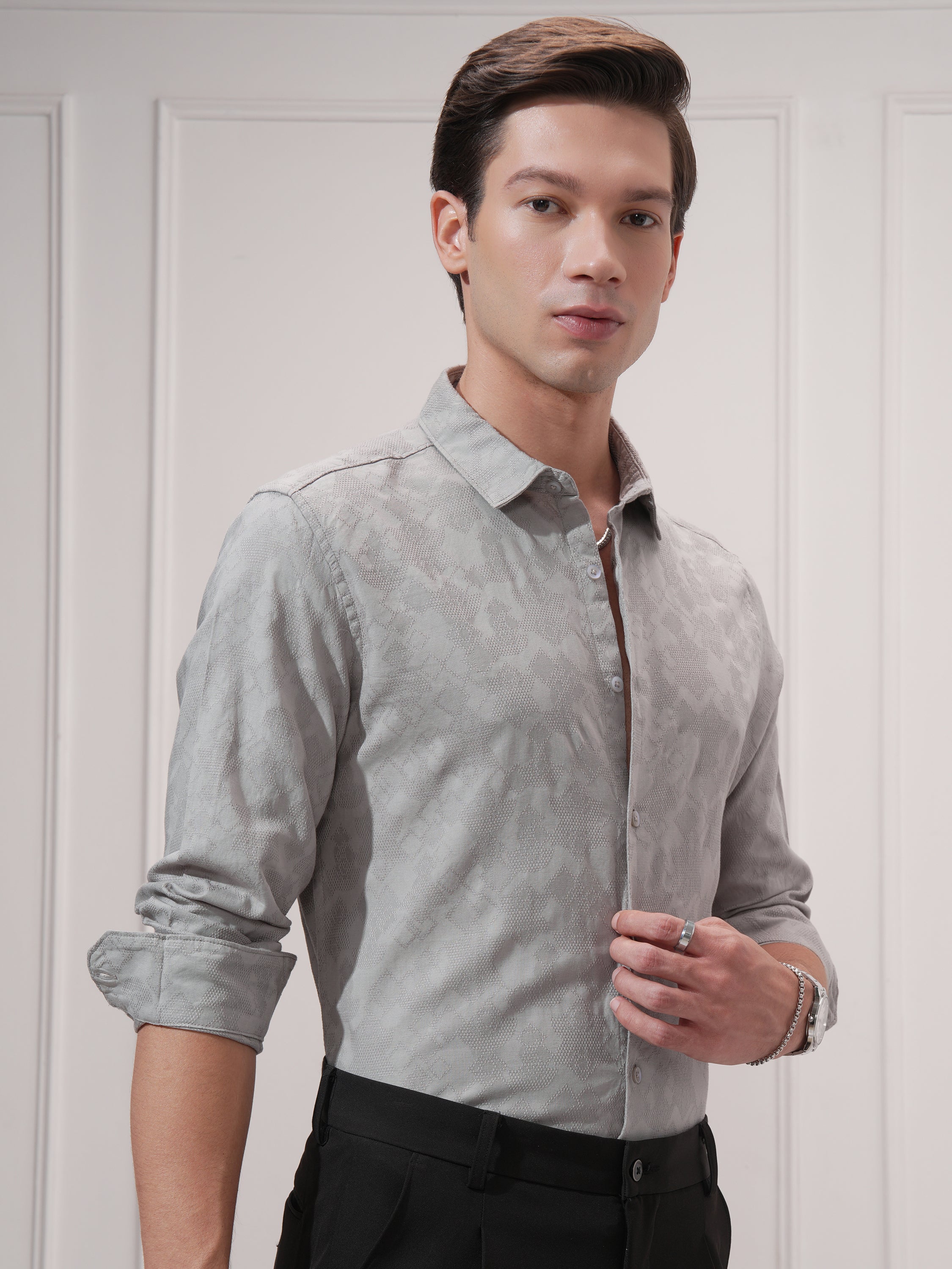 Highlander Men Grey Self Design Slim Fit Casual Shirt - Grey - Image 6