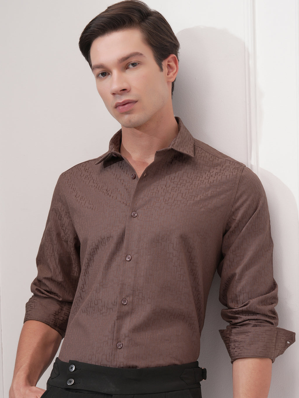 Highlander Men Coffee Brown Self Design Slim Fit Casual Shirt - Coffee Brown - Image 1