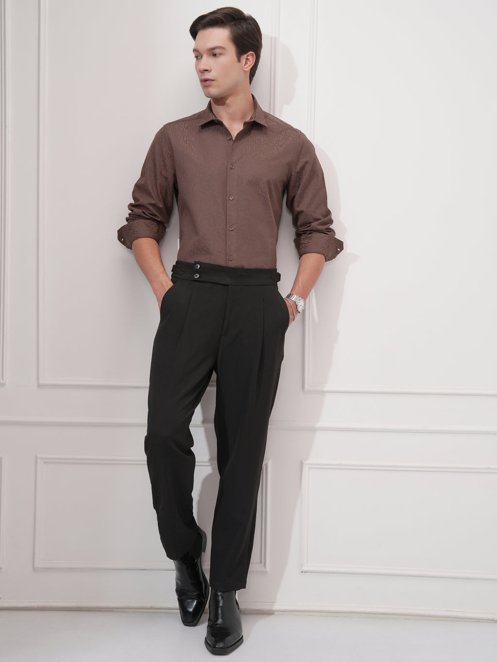 Highlander Men Coffee Brown Self Design Slim Fit Casual Shirt - Coffee Brown - Image 2