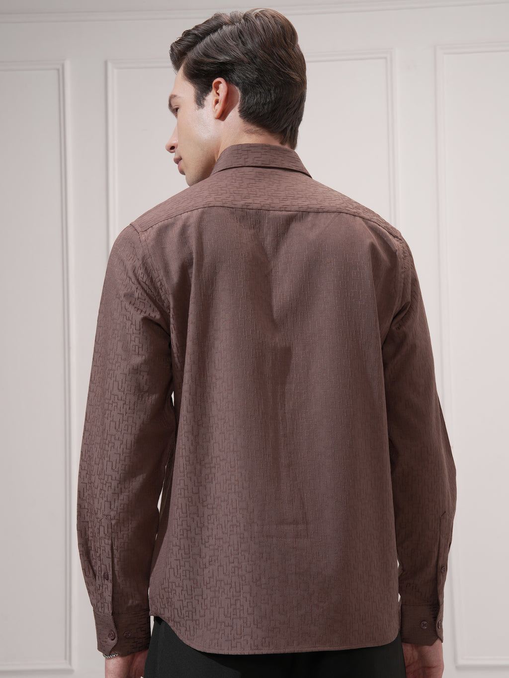 Highlander Men Coffee Brown Self Design Slim Fit Casual Shirt - Coffee Brown - Image 3