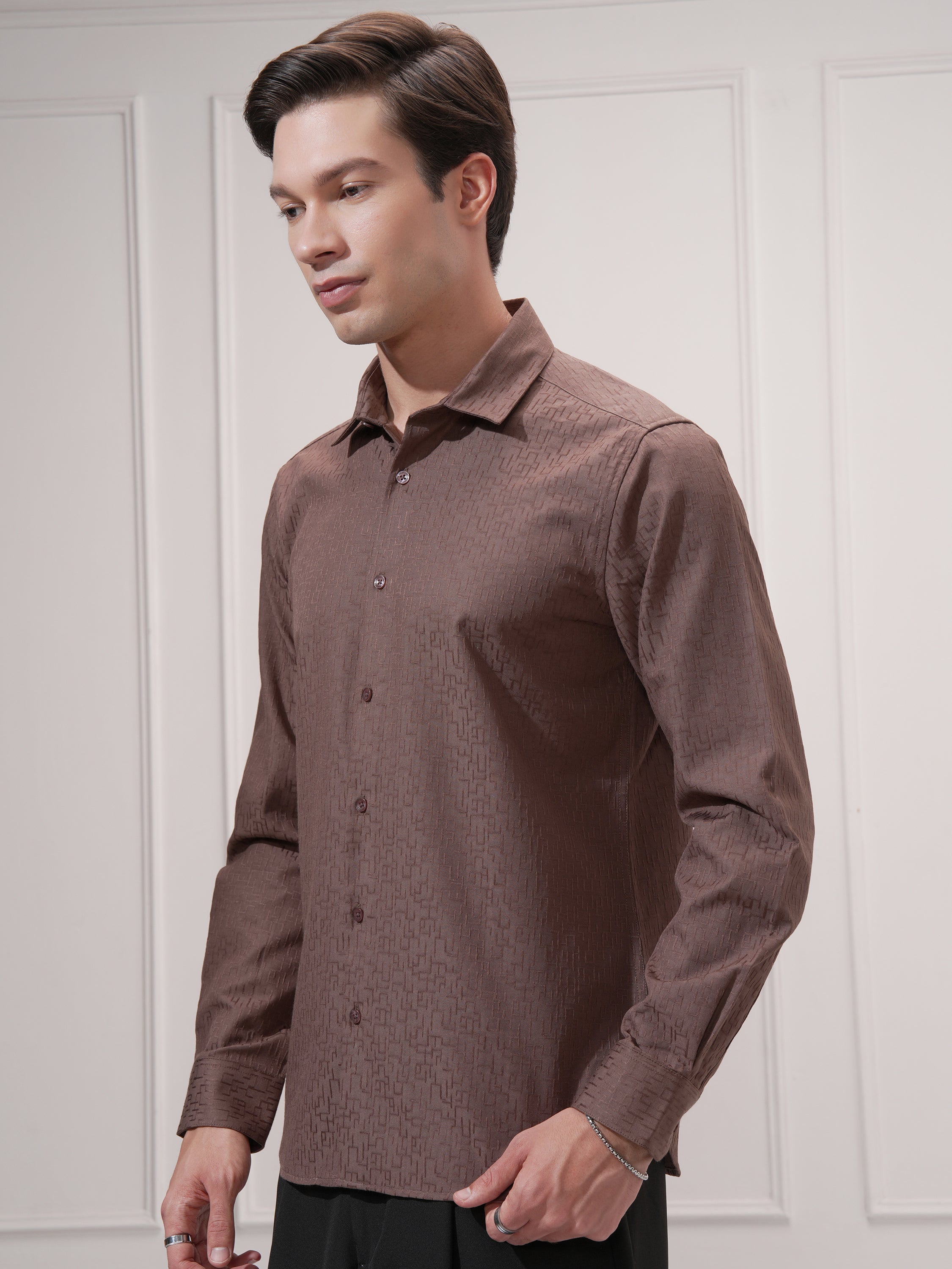 Highlander Men Coffee Brown Self Design Slim Fit Casual Shirt - Coffee Brown - Image 4