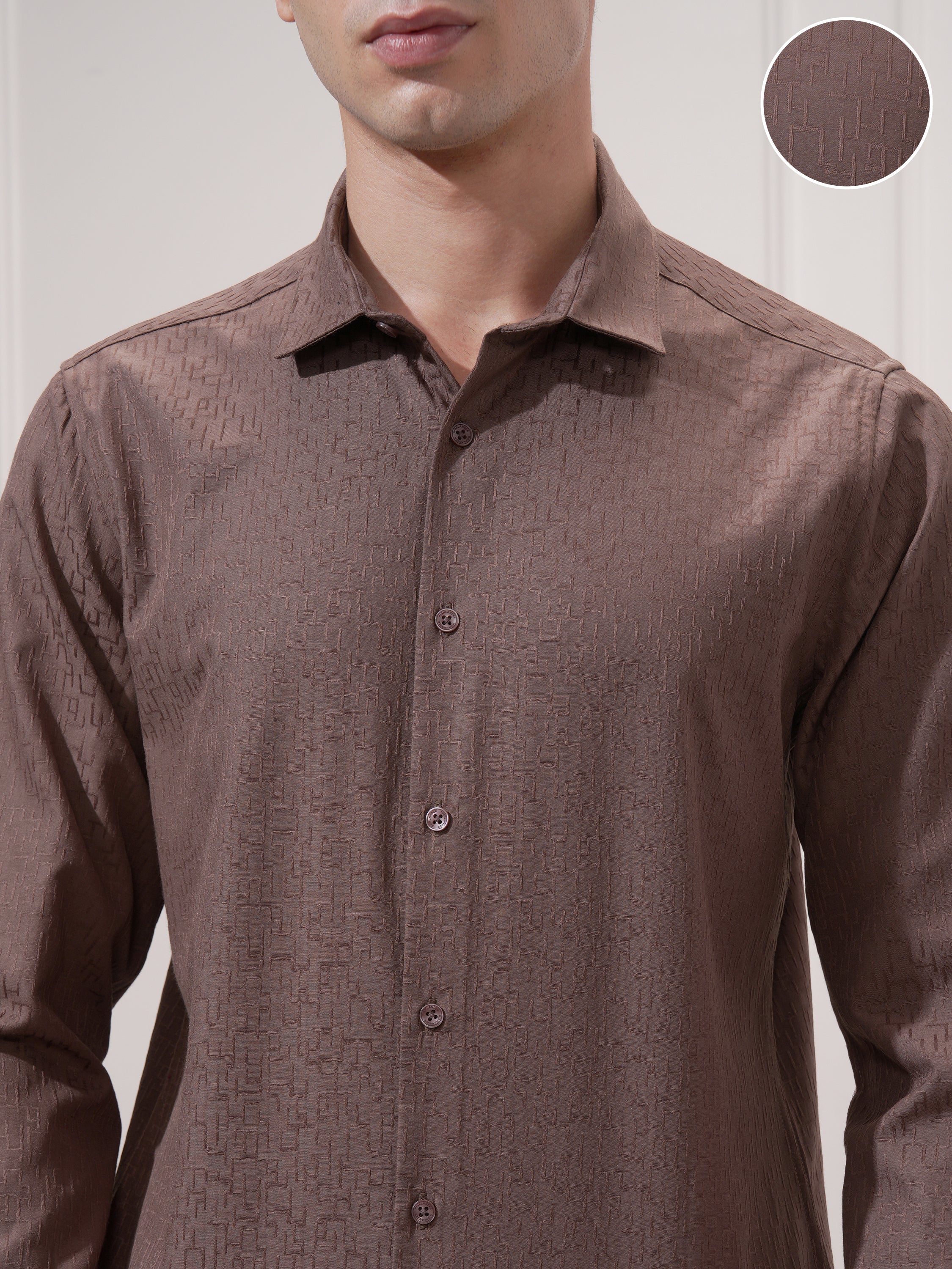 Highlander Men Coffee Brown Self Design Slim Fit Casual Shirt - Coffee Brown - Image 5