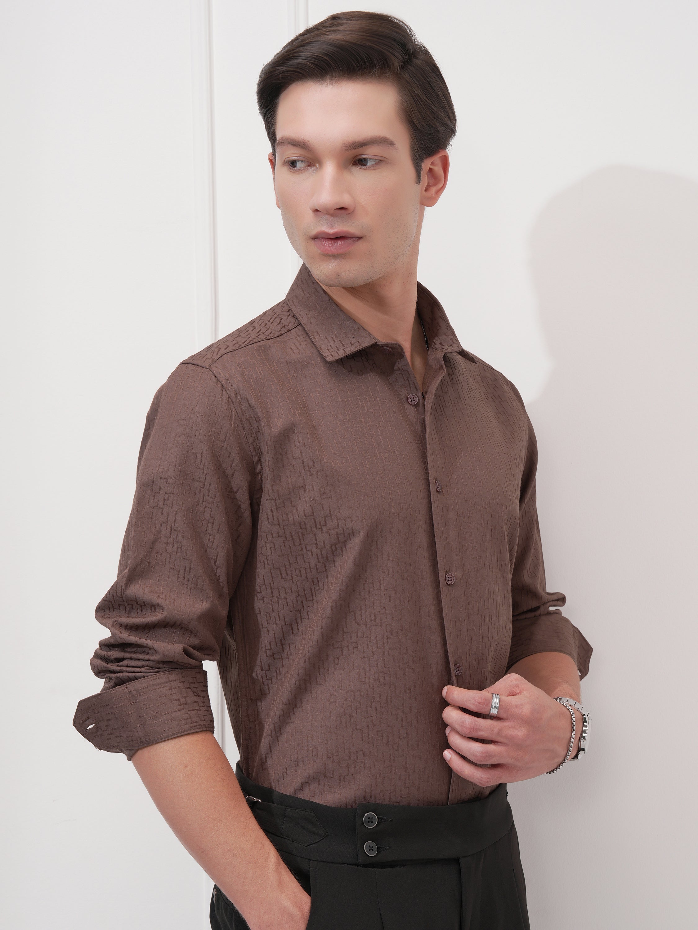 Highlander Men Coffee Brown Self Design Slim Fit Casual Shirt - Coffee Brown - Image 6
