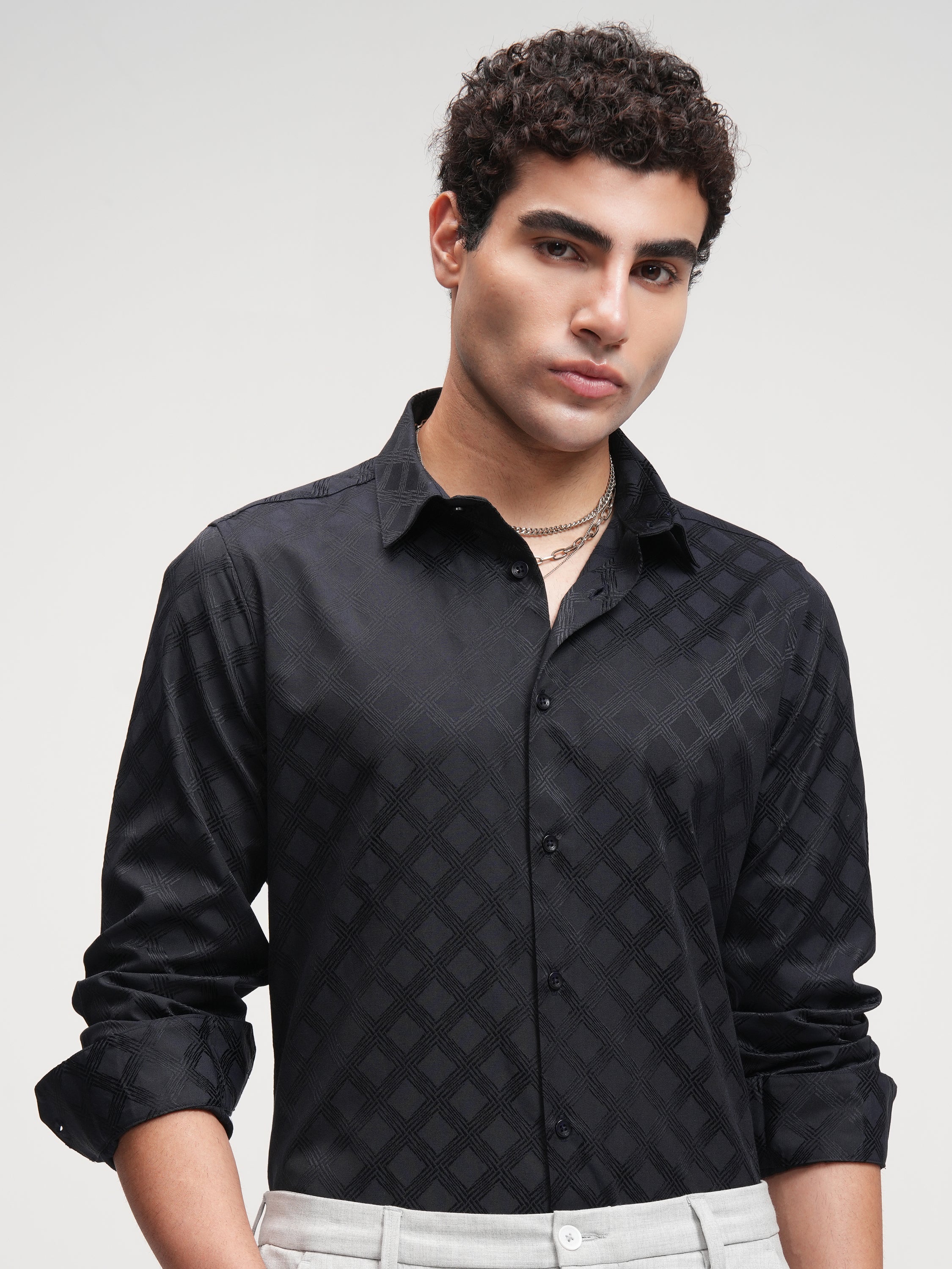 Highlander Men Black Self Design Slim Fit Casual Shirt - Black - Image 1