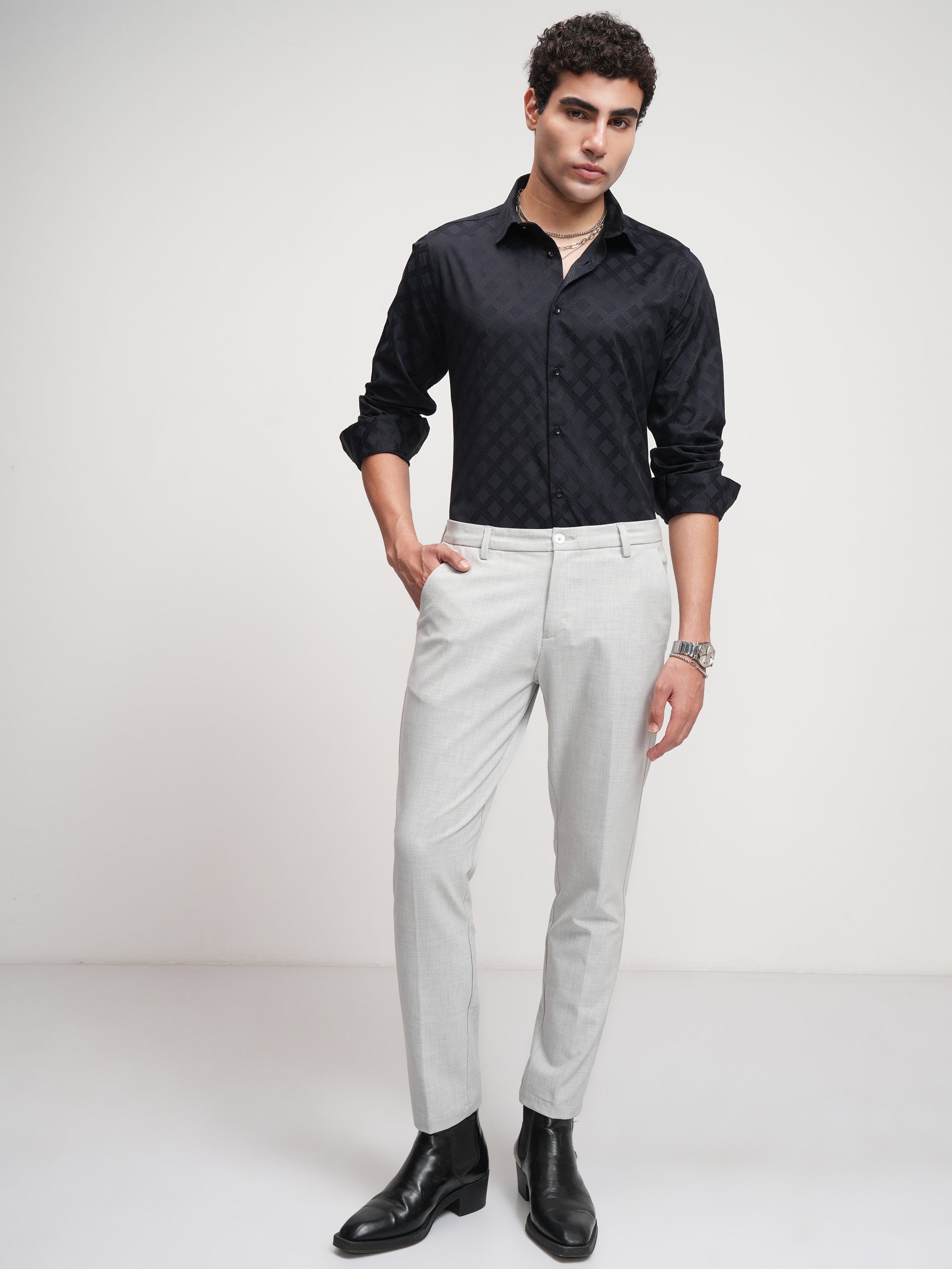 Highlander Men Black Self Design Slim Fit Casual Shirt - Black - Image 2