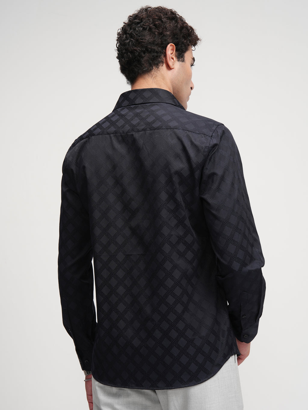 Highlander Men Black Self Design Slim Fit Casual Shirt - Black - Image 3