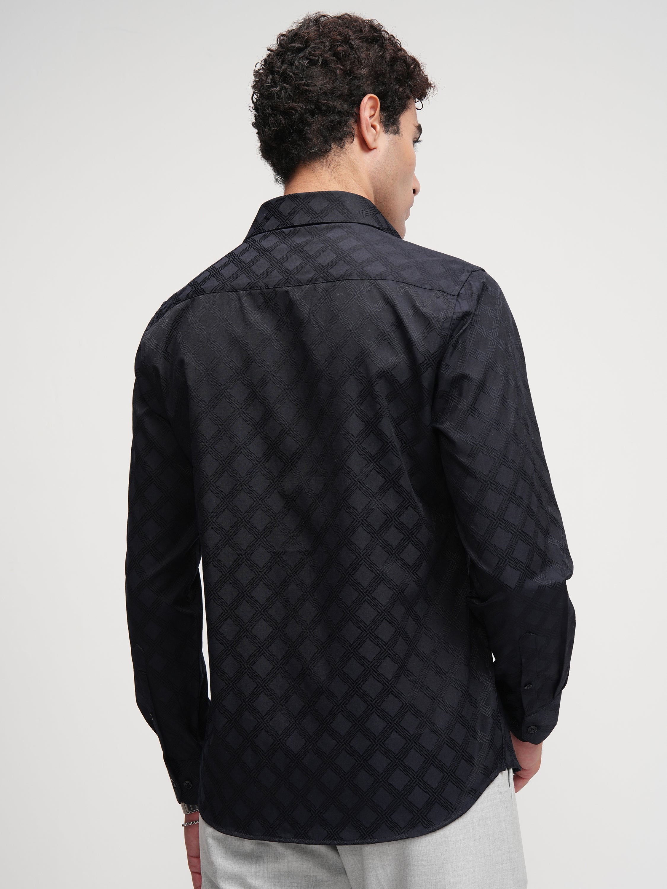 Highlander Men Black Self Design Slim Fit Casual Shirt - Black - Image 3
