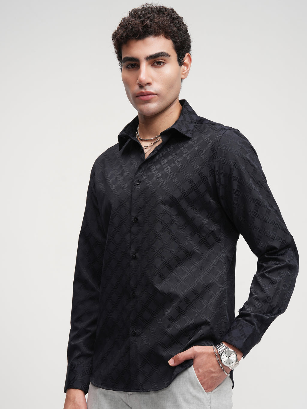 Highlander Men Black Self Design Slim Fit Casual Shirt - Black - Image 4