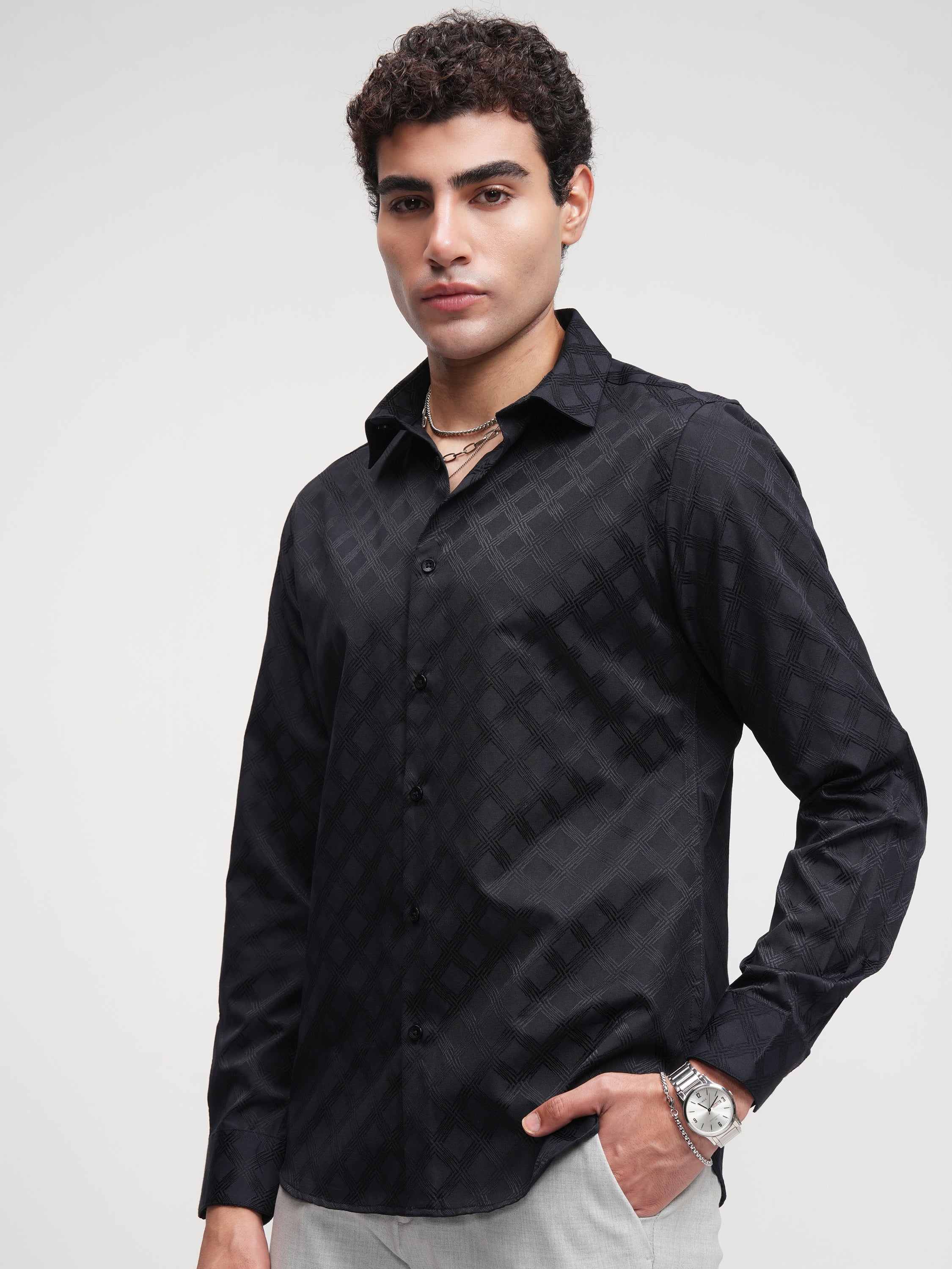 Highlander Men Black Self Design Slim Fit Casual Shirt - Black - Image 4