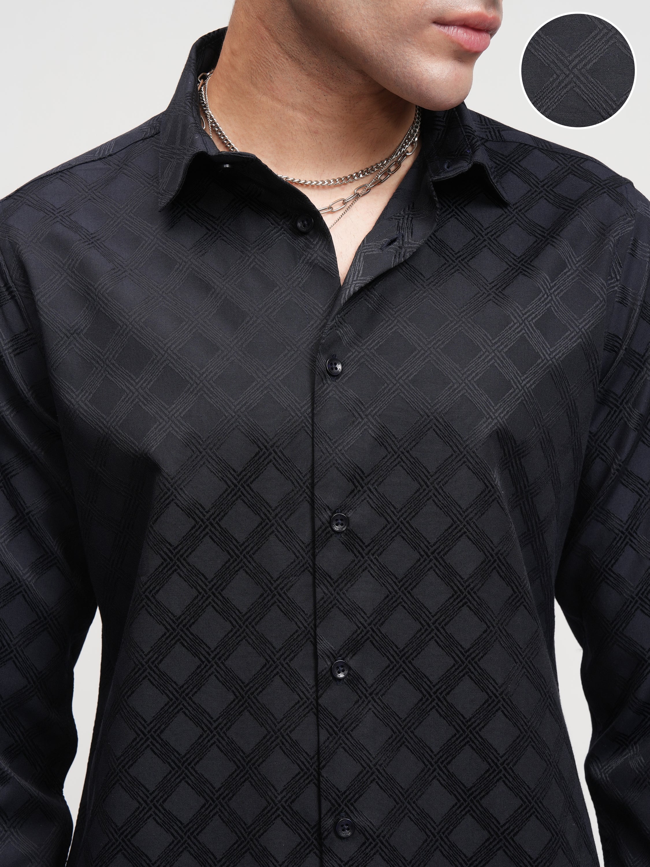 Highlander Men Black Self Design Slim Fit Casual Shirt - Black - Image 5