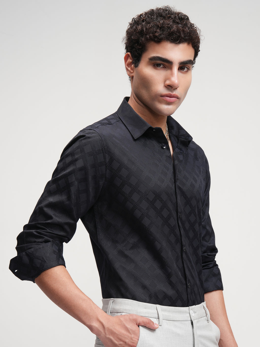 Highlander Men Black Self Design Slim Fit Casual Shirt - Black - Image 6