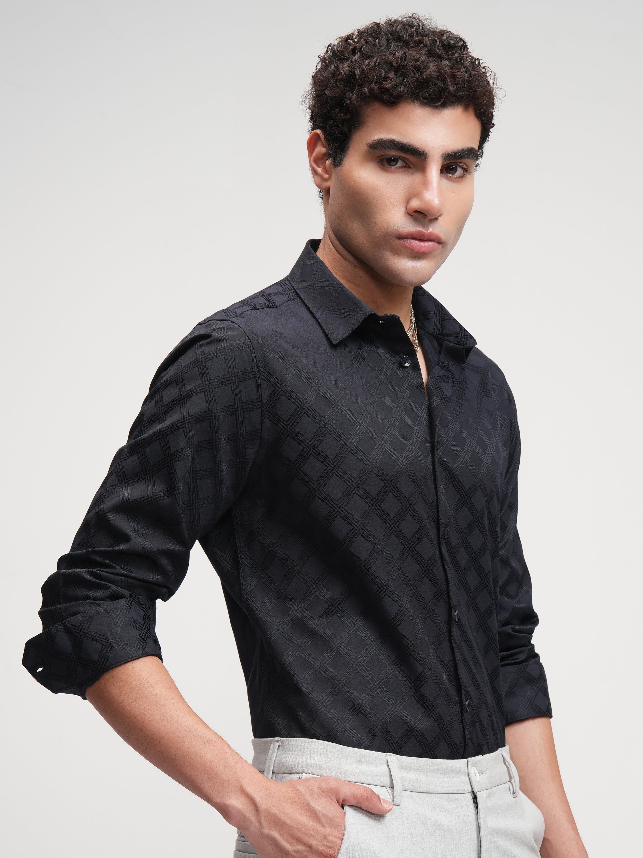 Highlander Men Black Self Design Slim Fit Casual Shirt - Black - Image 6