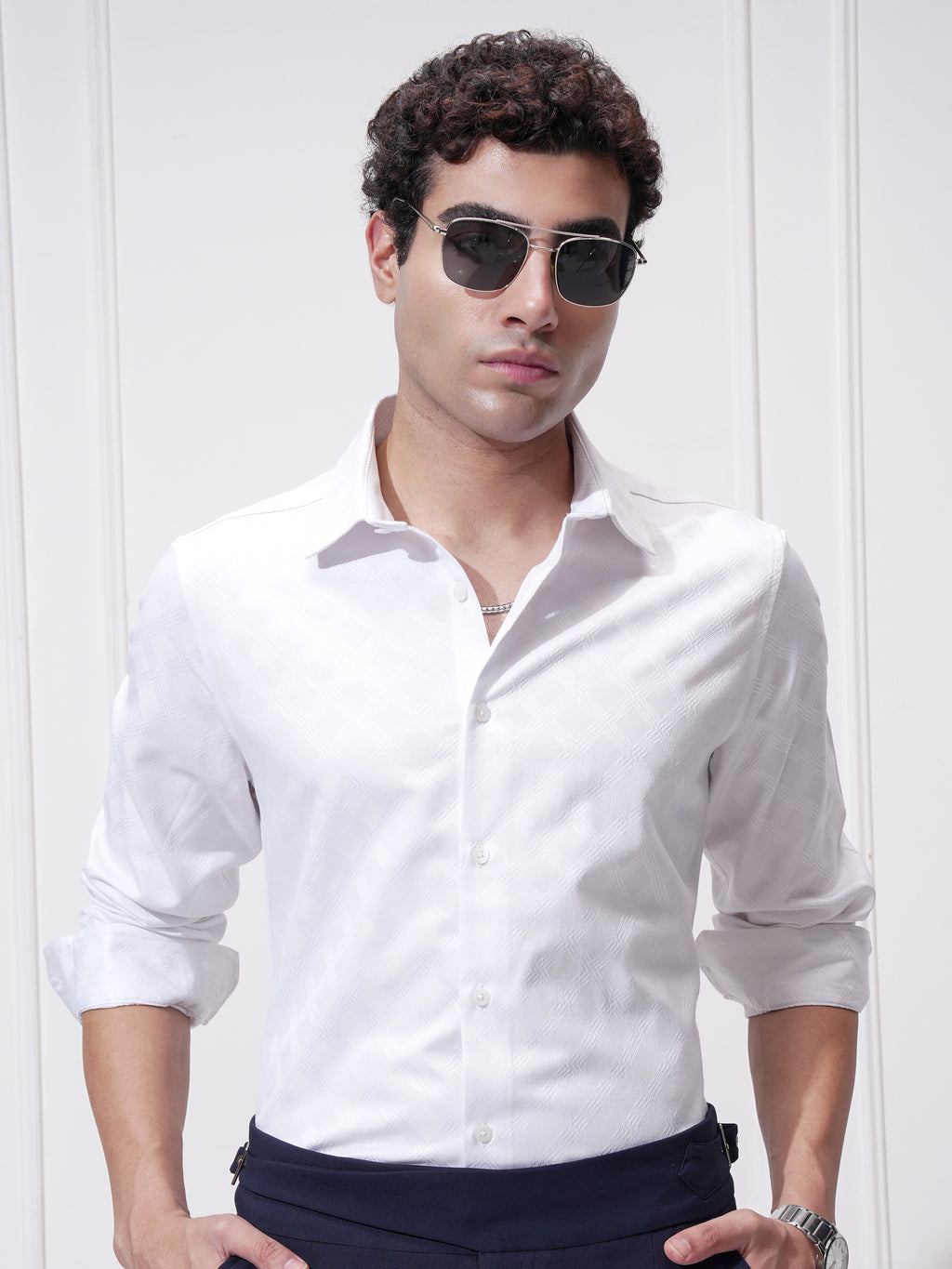Highlander Men White Self Design Slim Fit Casual Shirt - White - Image 1