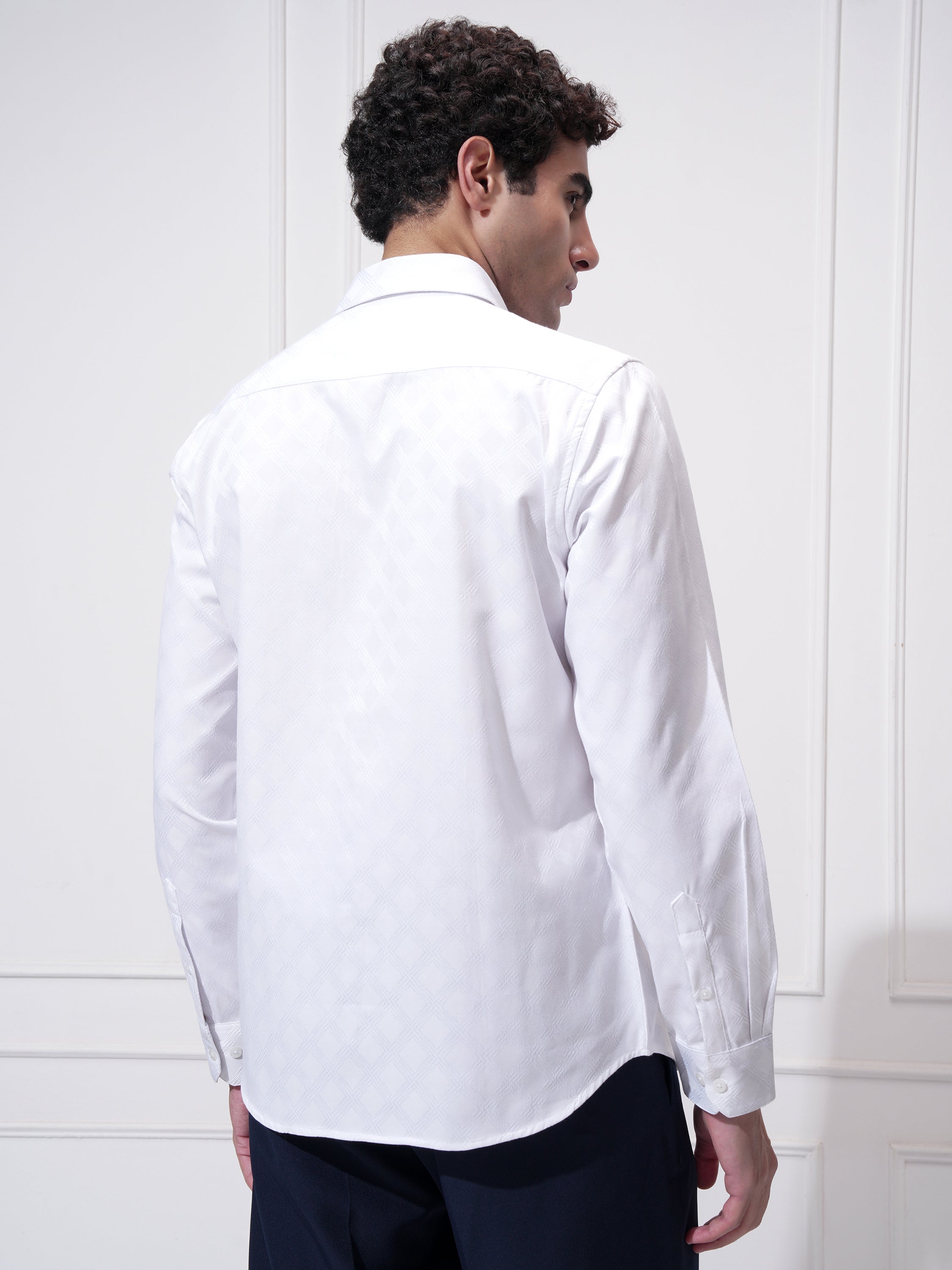 Highlander Men White Self Design Slim Fit Casual Shirt - White - Image 3