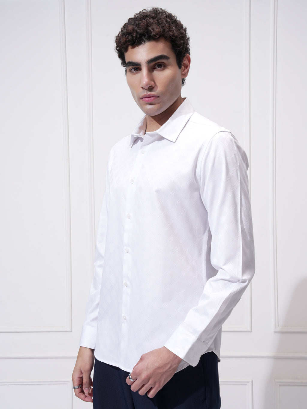Highlander Men White Self Design Slim Fit Casual Shirt - White - Image 4
