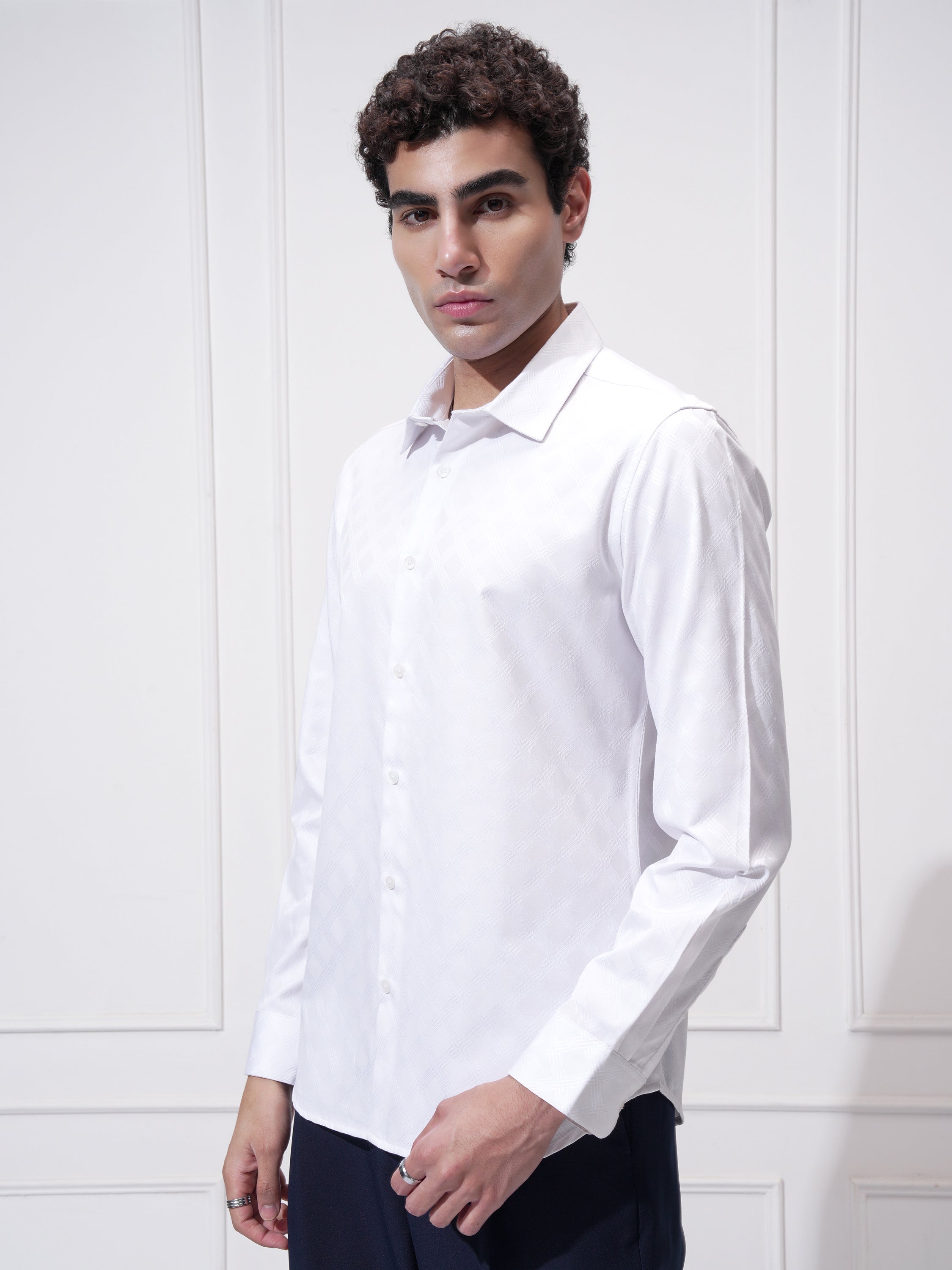 Highlander Men White Self Design Slim Fit Casual Shirt - White - Image 4