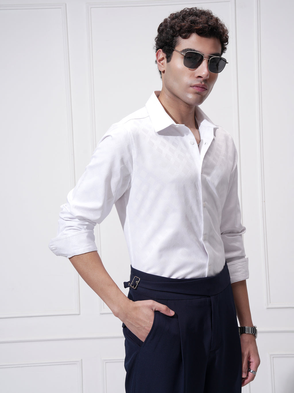 Highlander Men White Self Design Slim Fit Casual Shirt - White - Image 6