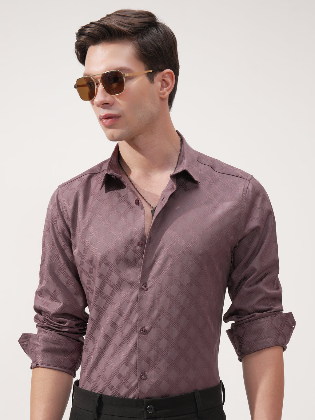 Highlander Men Mauve Self Design Slim Fit Casual Shirt - Mauve - Image 1