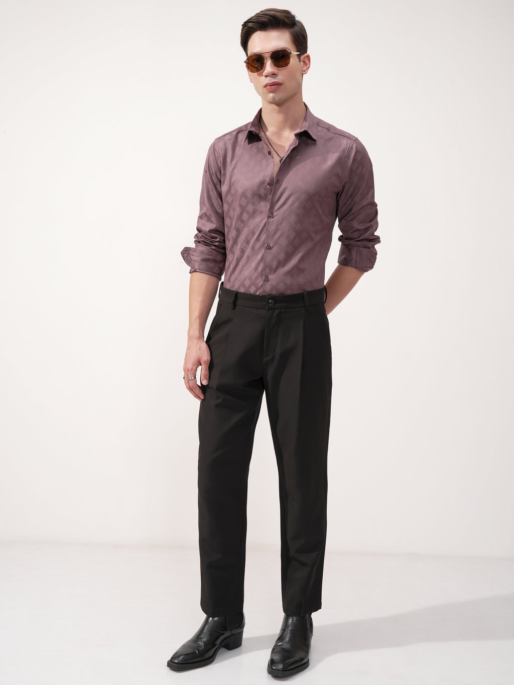 Highlander Men Mauve Self Design Slim Fit Casual Shirt - Mauve - Image 2