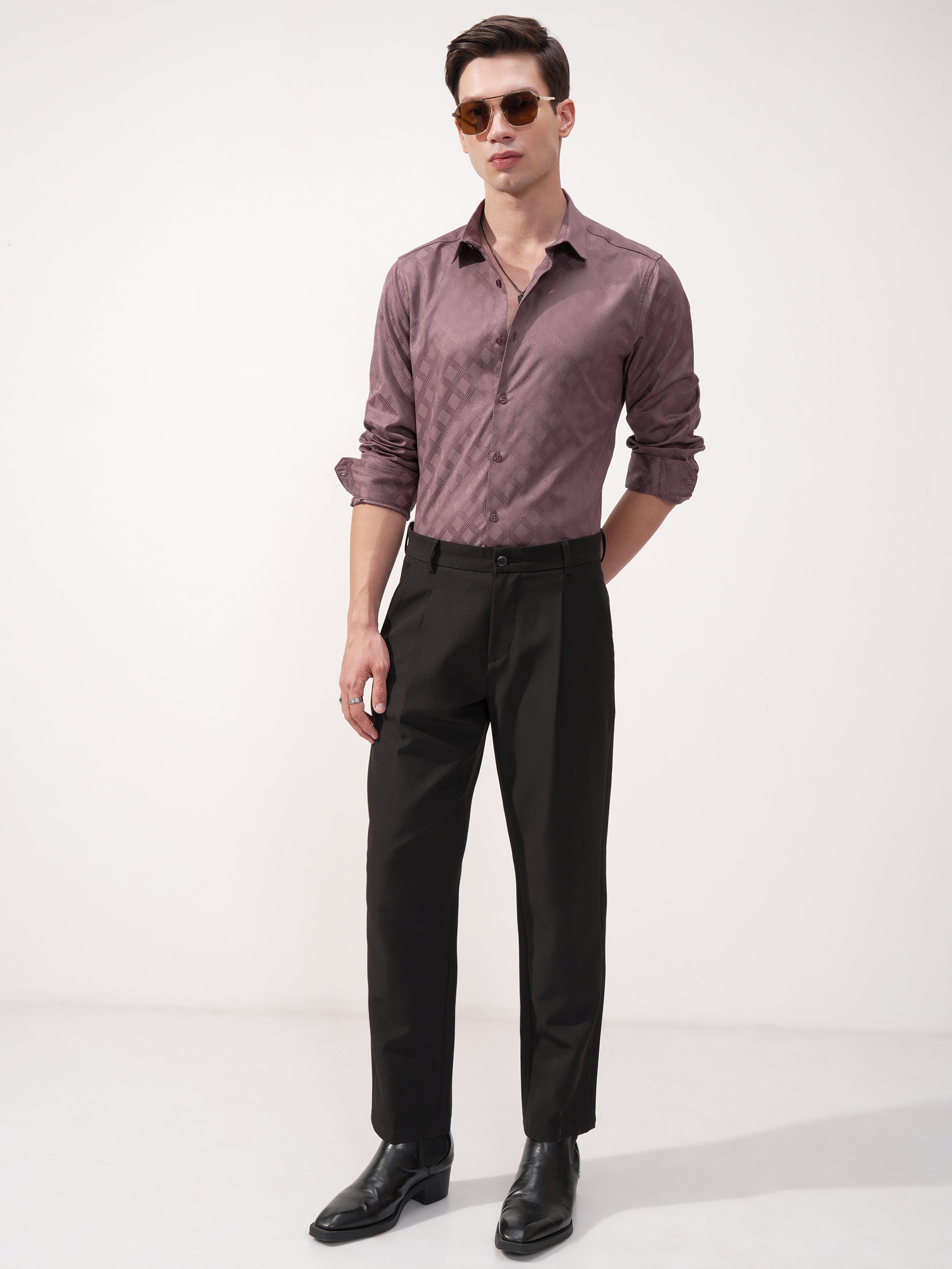 Highlander Men Mauve Self Design Slim Fit Casual Shirt - Mauve - Image 2
