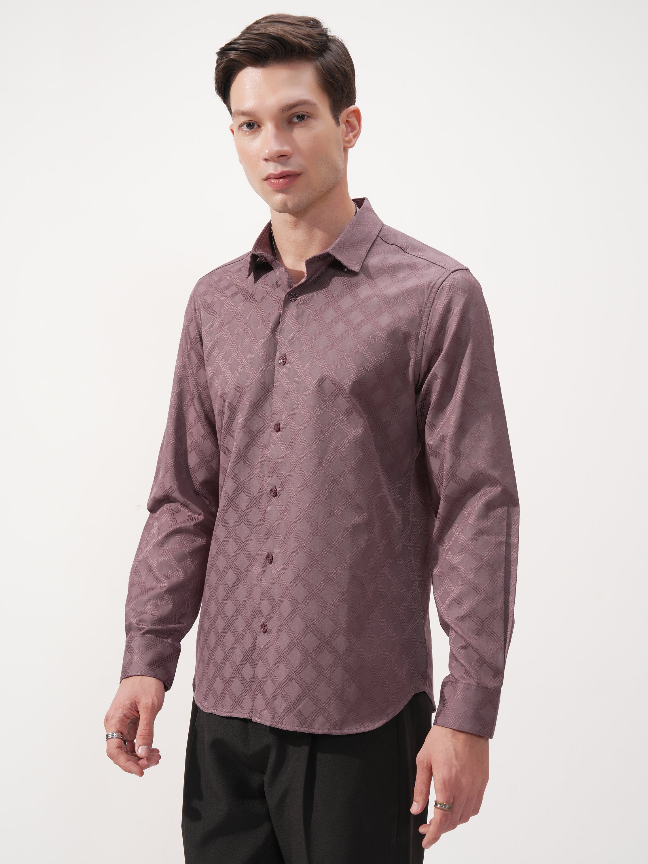 Highlander Men Mauve Self Design Slim Fit Casual Shirt - Mauve - Image 4