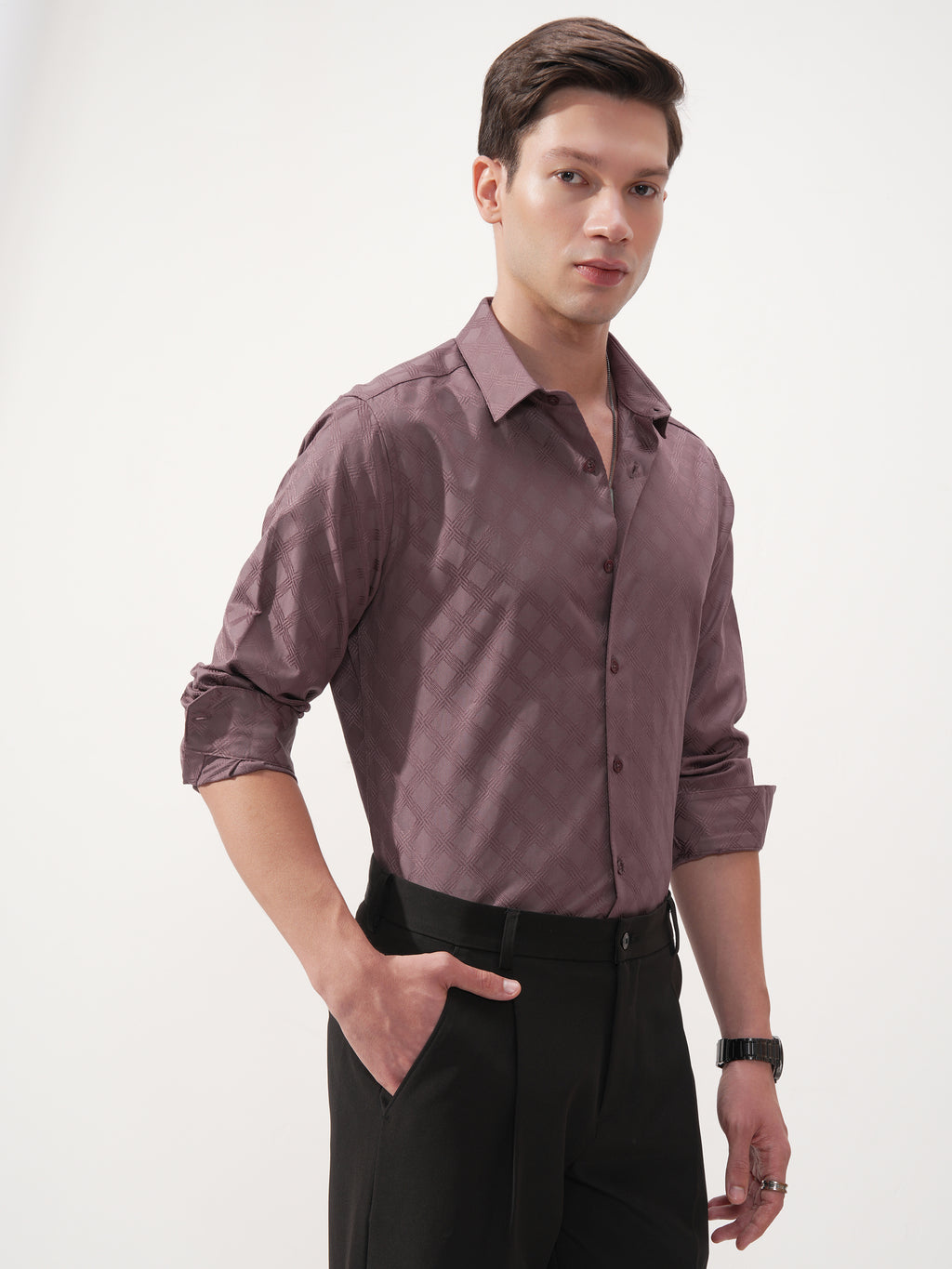 Highlander Men Mauve Self Design Slim Fit Casual Shirt - Mauve - Image 6