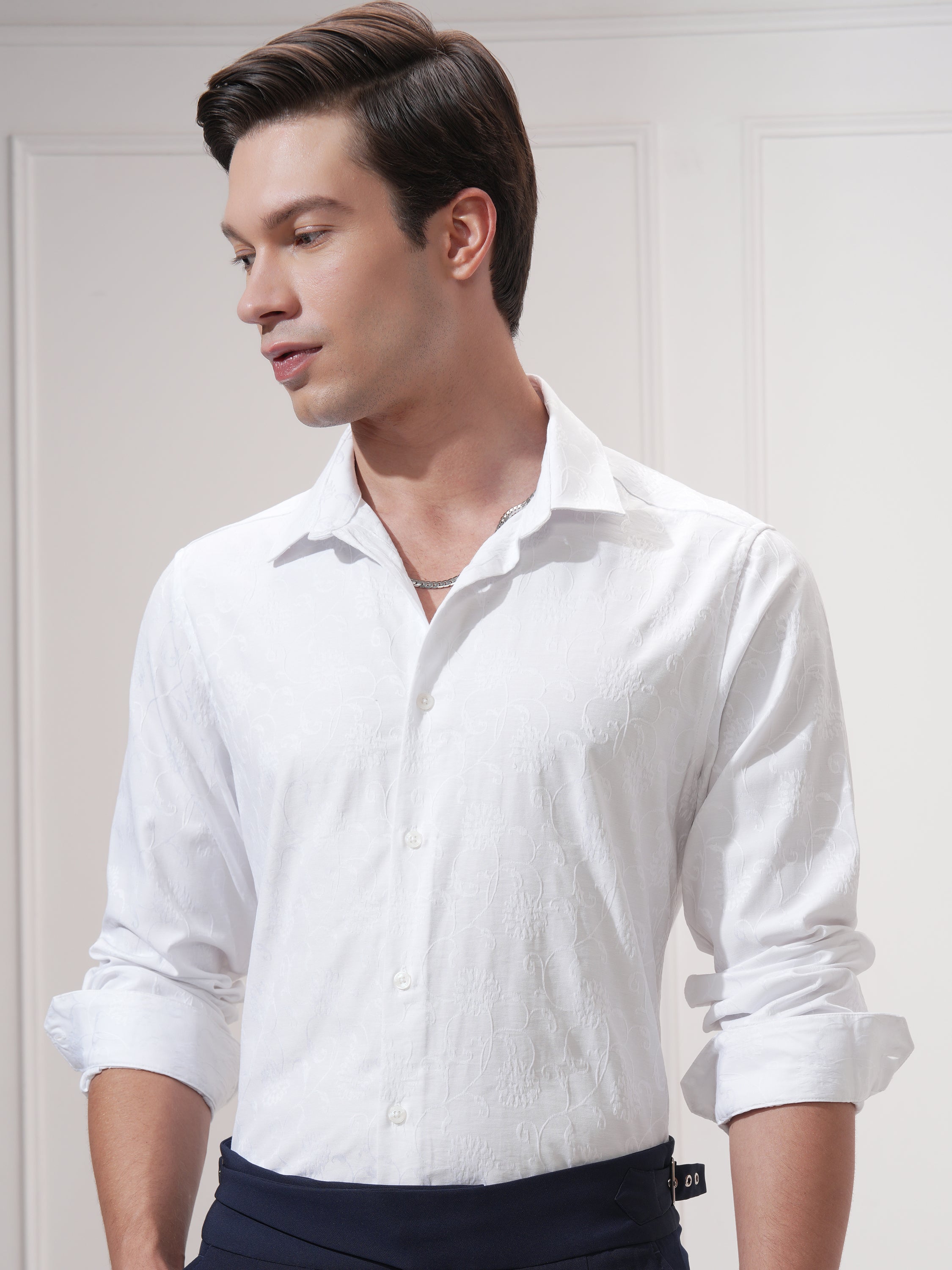 Highlander Men White Self Design Slim Fit Casual Shirt - White - Image 1