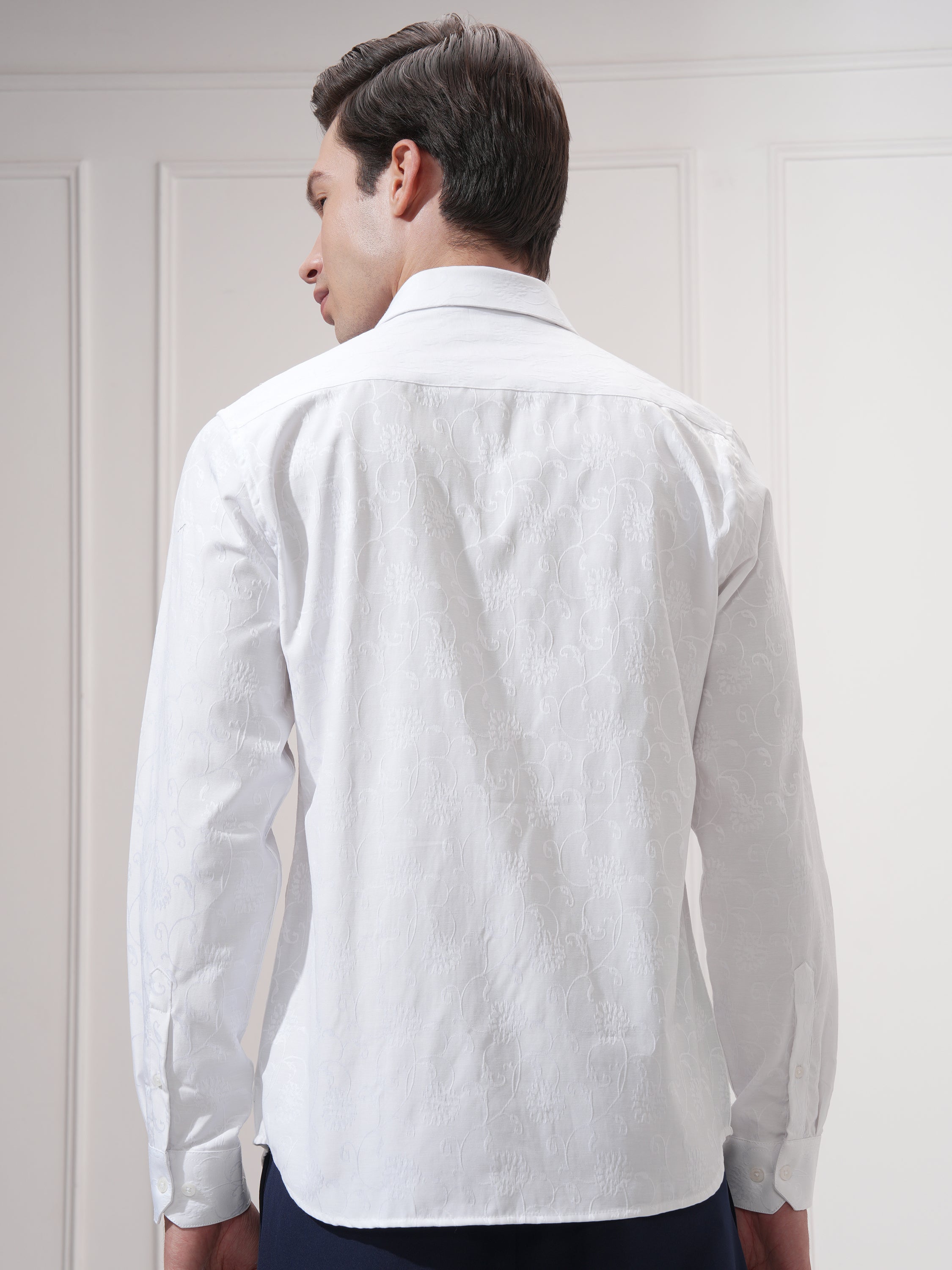 Highlander Men White Self Design Slim Fit Casual Shirt - White - Image 3