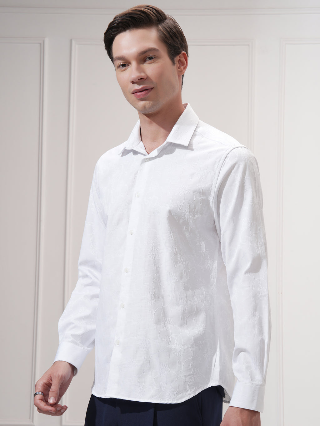 Highlander Men White Self Design Slim Fit Casual Shirt - White - Image 4