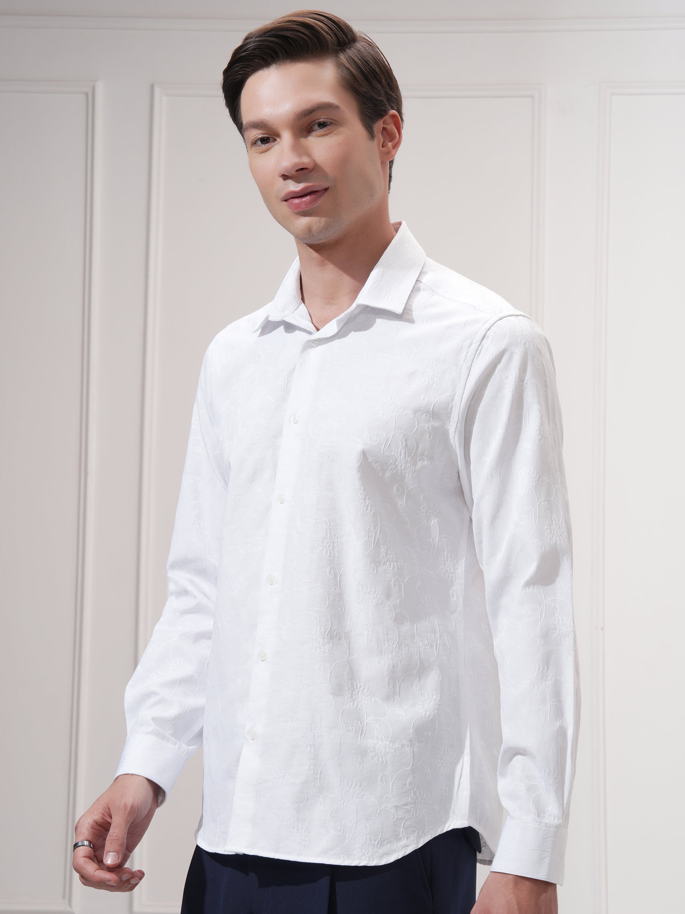 Highlander Men White Self Design Slim Fit Casual Shirt - White - Image 4