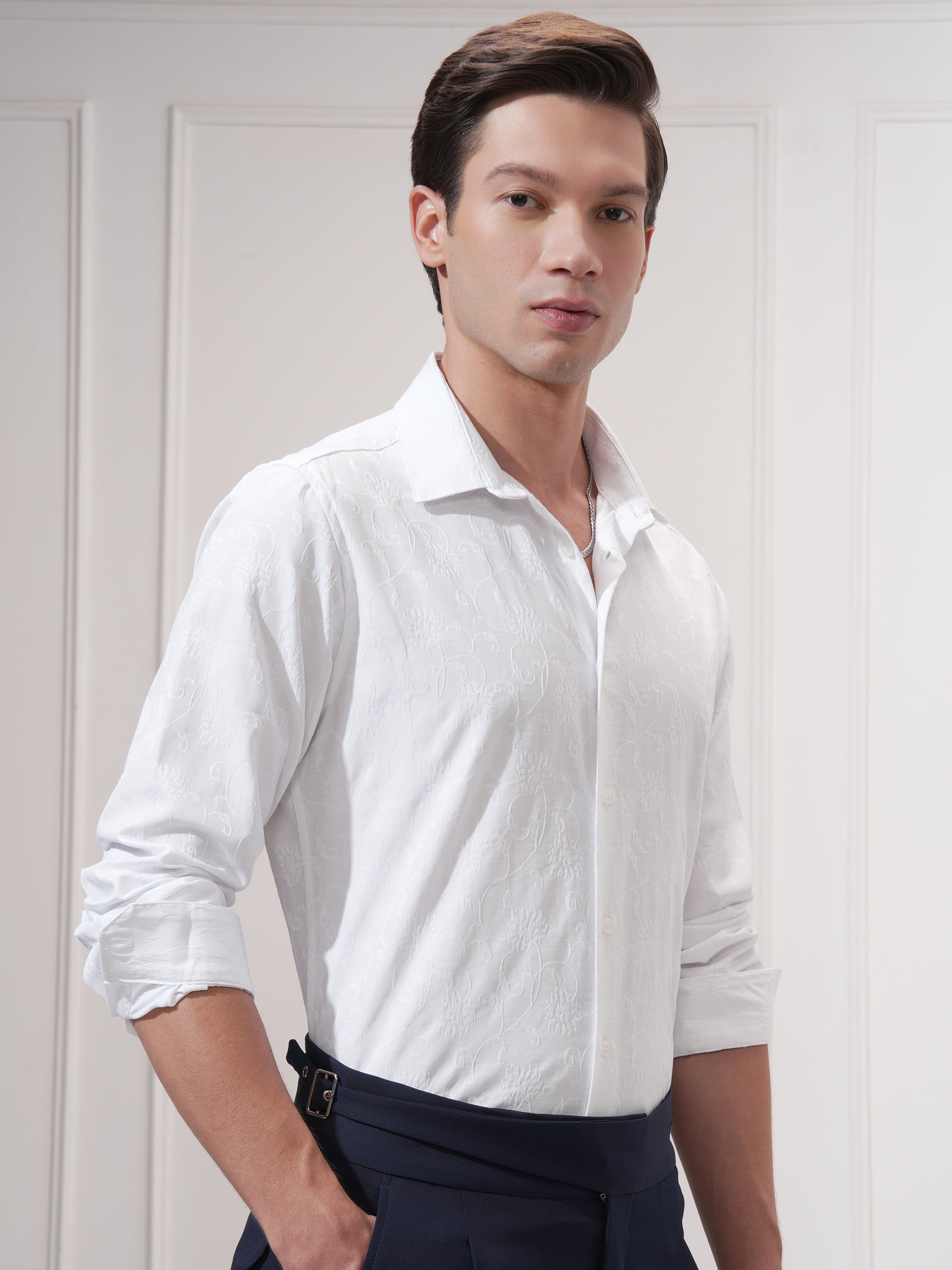 Highlander Men White Self Design Slim Fit Casual Shirt - White - Image 6