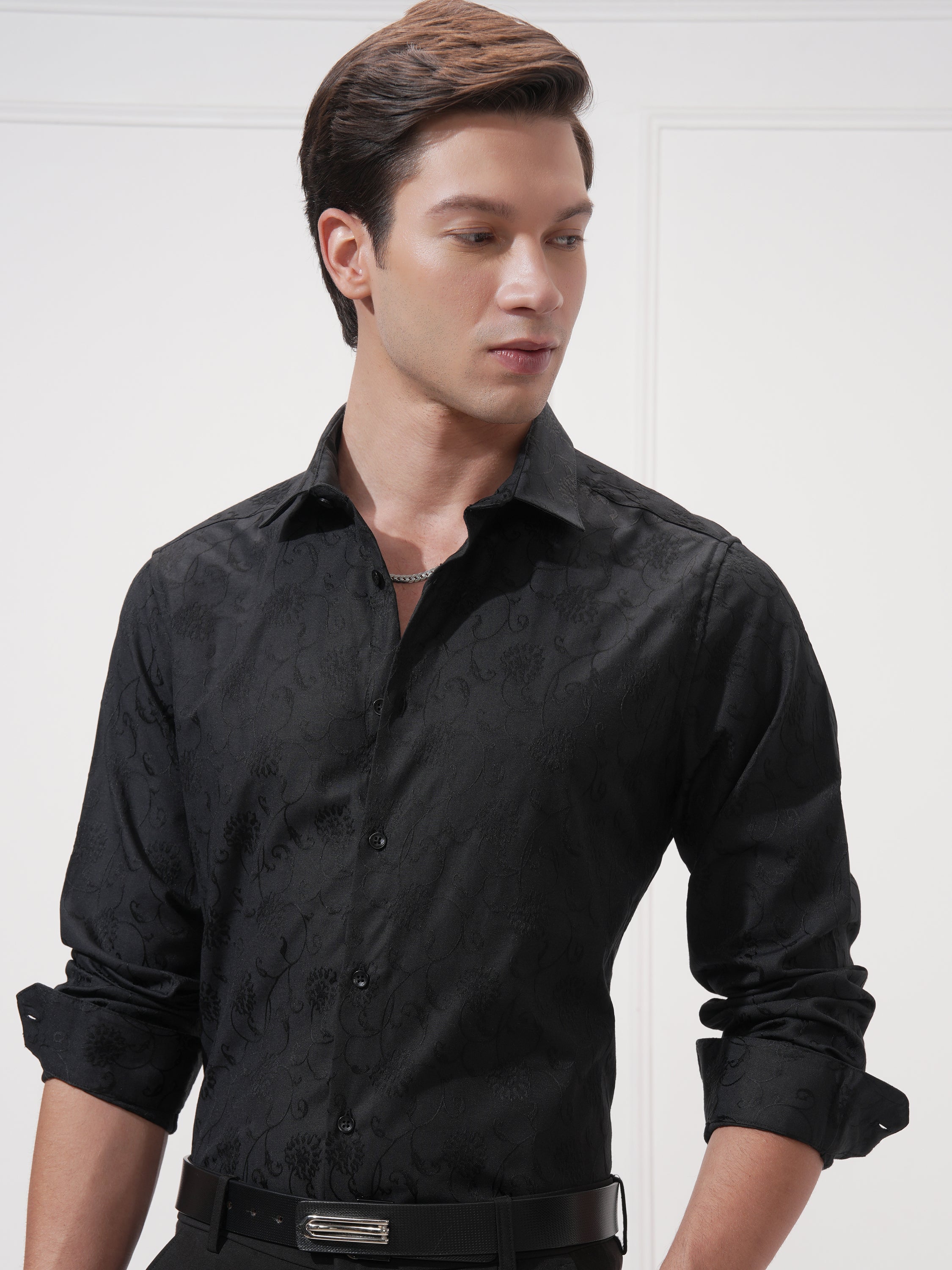 Highlander Men Black Self Design Slim Fit Casual Shirt - Black - Image 1