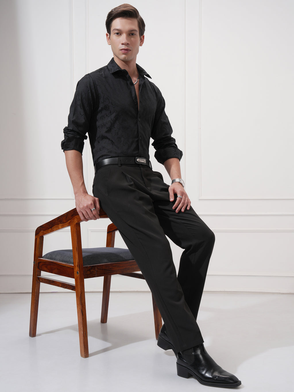 Highlander Men Black Self Design Slim Fit Casual Shirt - Black - Image 2
