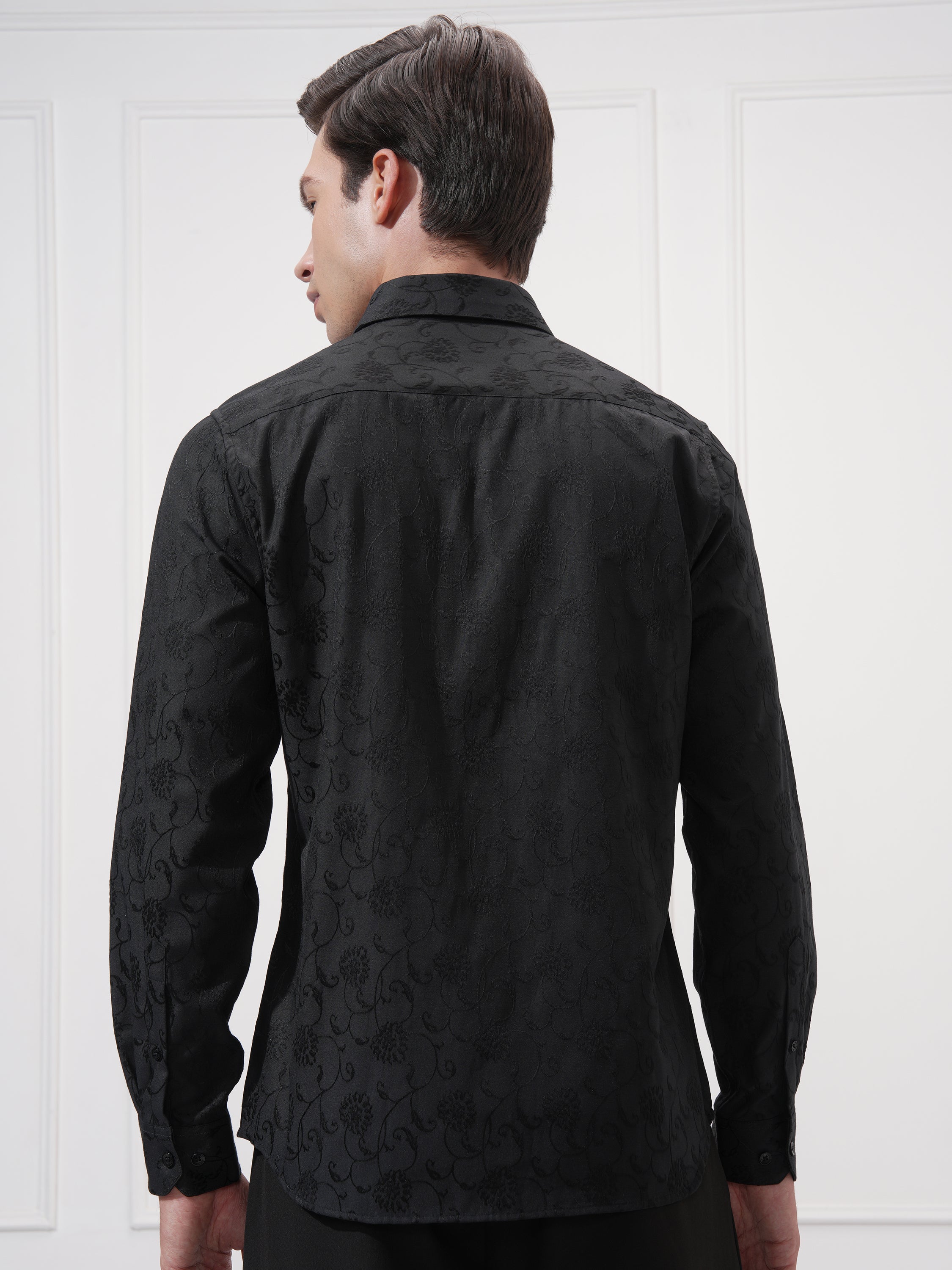 Highlander Men Black Self Design Slim Fit Casual Shirt - Black - Image 3