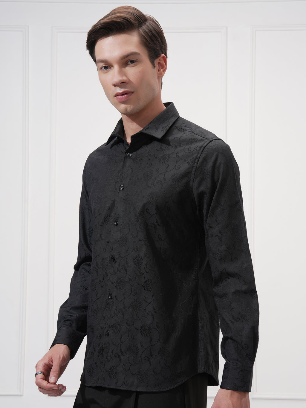 Highlander Men Black Self Design Slim Fit Casual Shirt - Black - Image 4