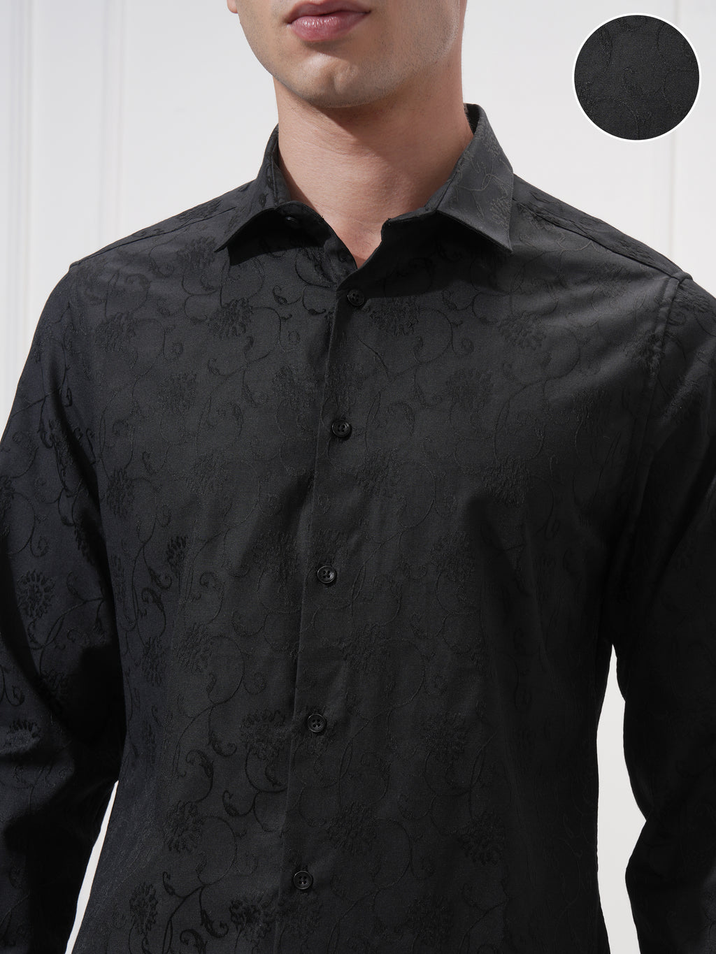 Highlander Men Black Self Design Slim Fit Casual Shirt - Black - Image 5