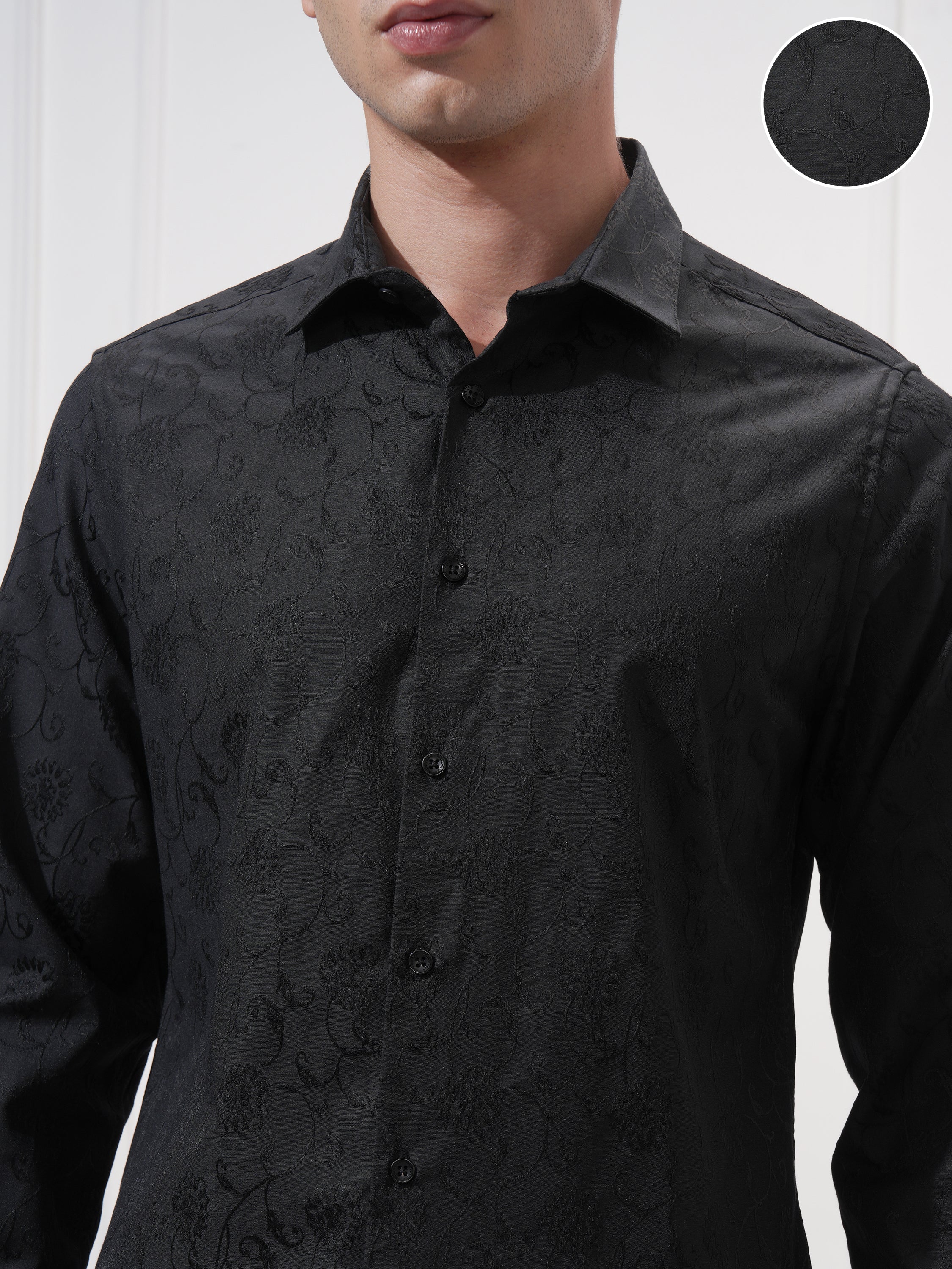 Highlander Men Black Self Design Slim Fit Casual Shirt - Black - Image 5