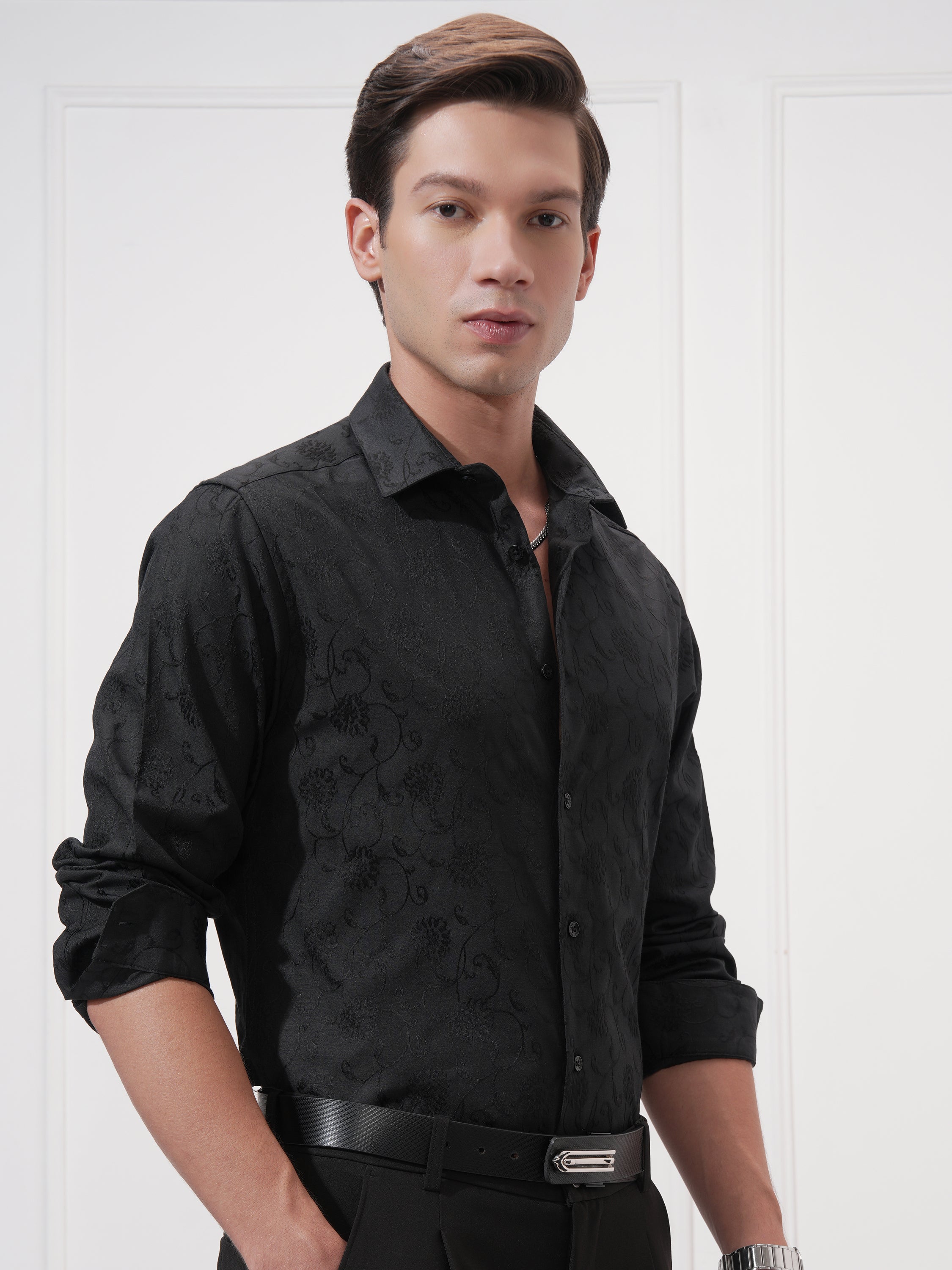 Highlander Men Black Self Design Slim Fit Casual Shirt - Black - Image 6