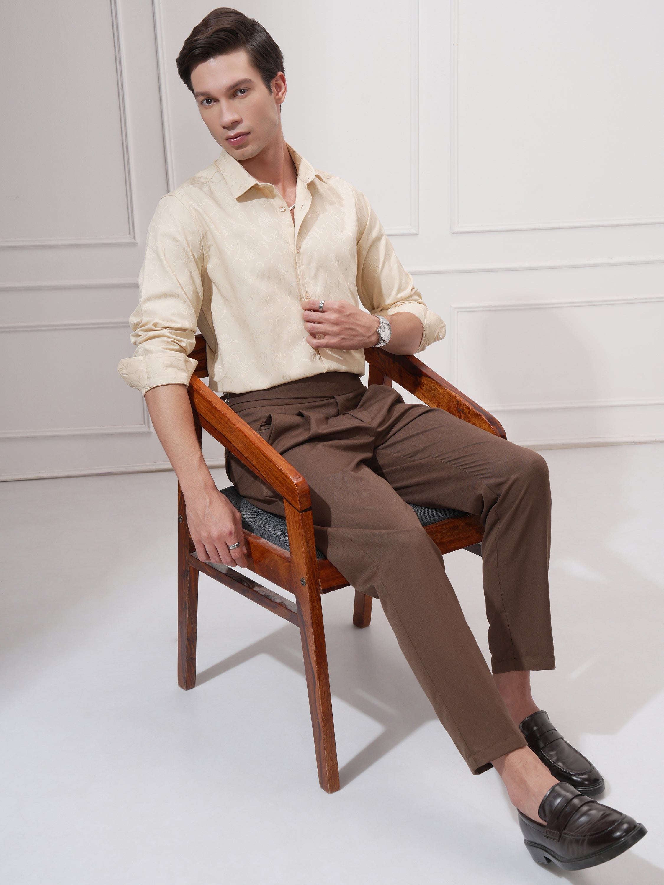 Highlander Men Beige Self Design Slim Fit Casual Shirt - Beige - Image 2