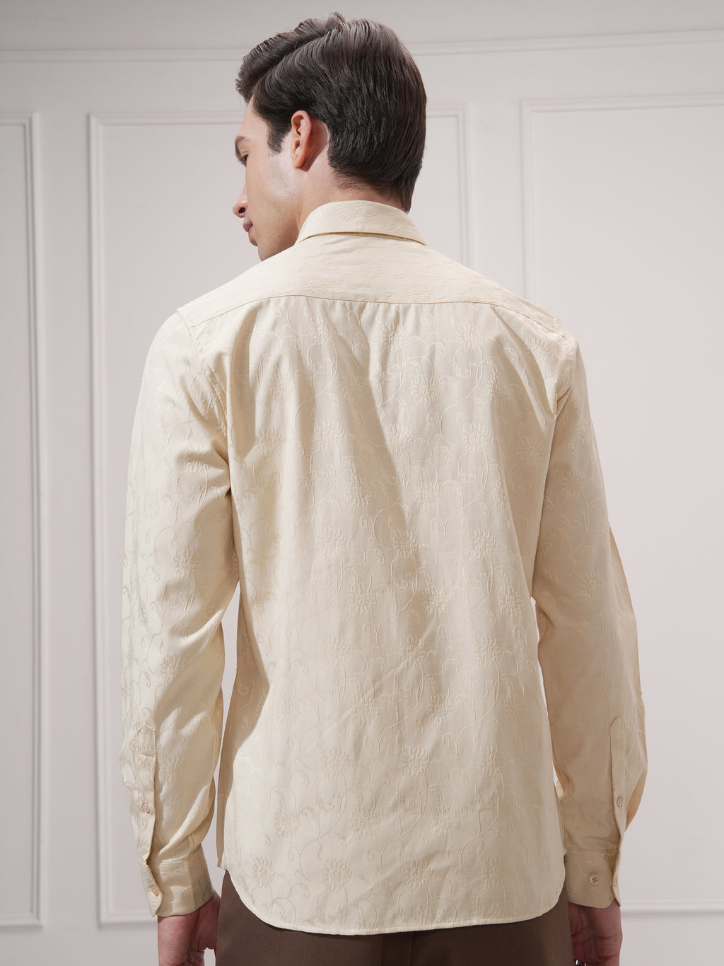 Highlander Men Beige Self Design Slim Fit Casual Shirt - Beige - Image 3