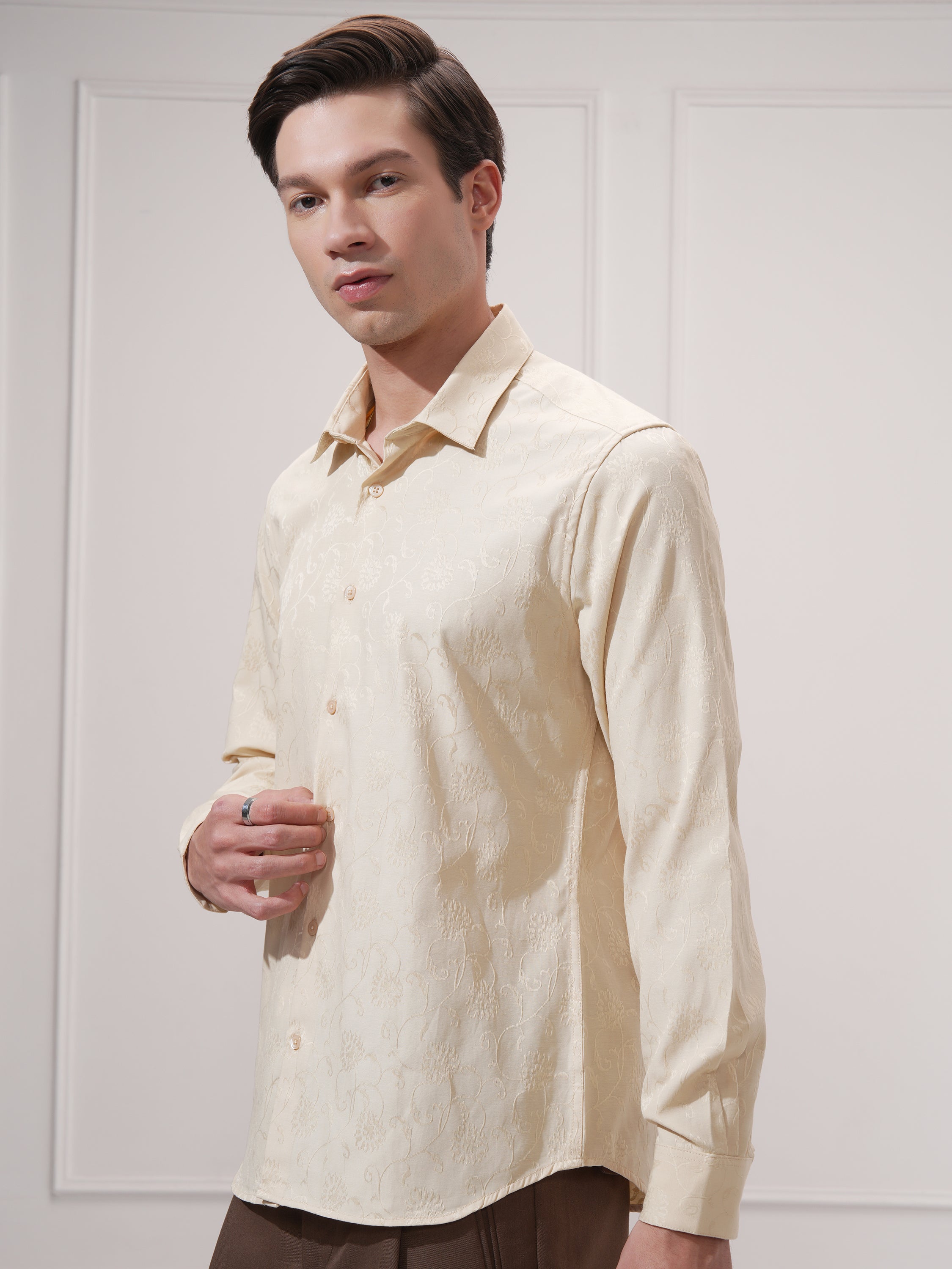 Highlander Men Beige Self Design Slim Fit Casual Shirt - Beige - Image 4
